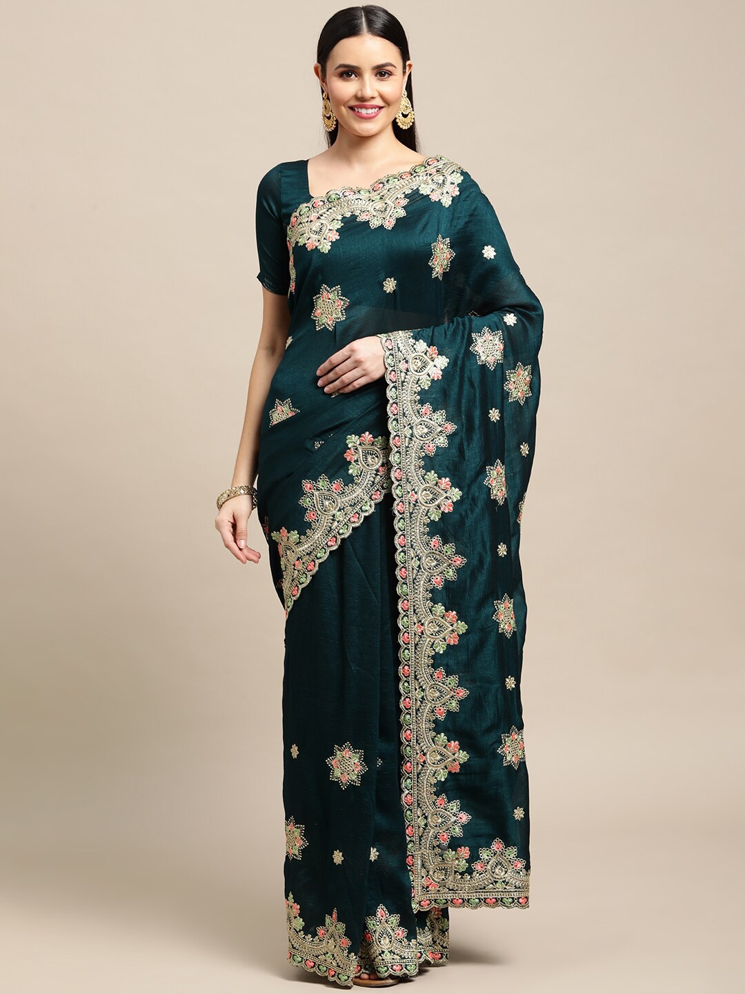 

Warthy Ent Floral Embroidered Saree, Green