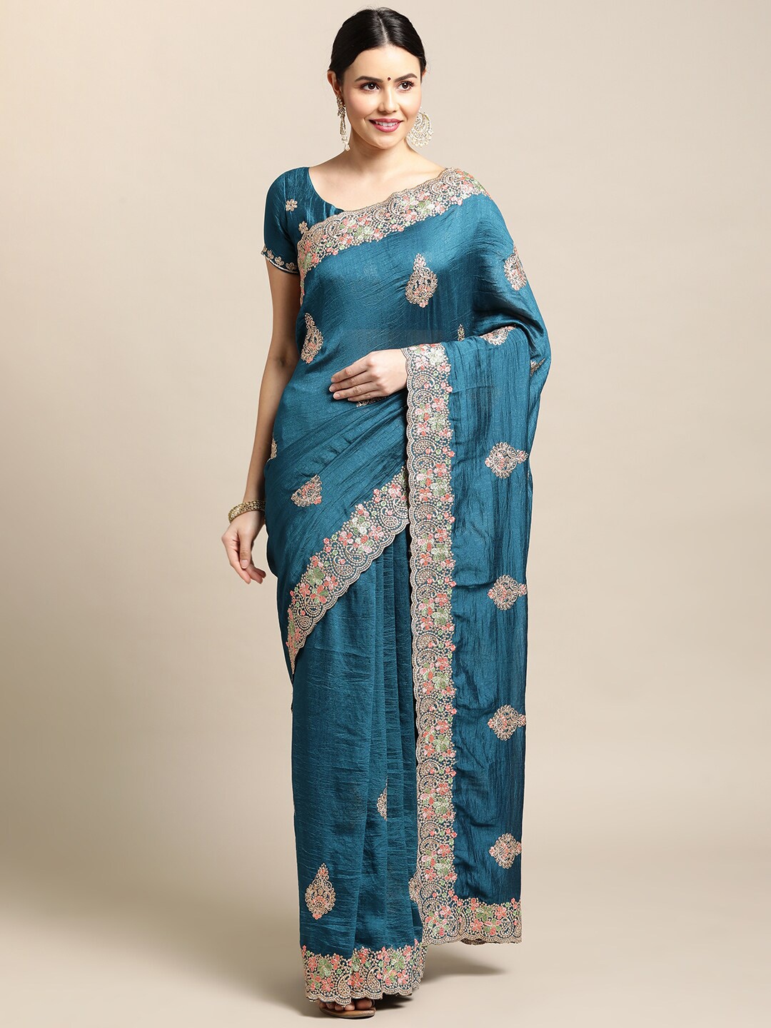 Warthy Ent Embroidered Saree, Turquoise blue