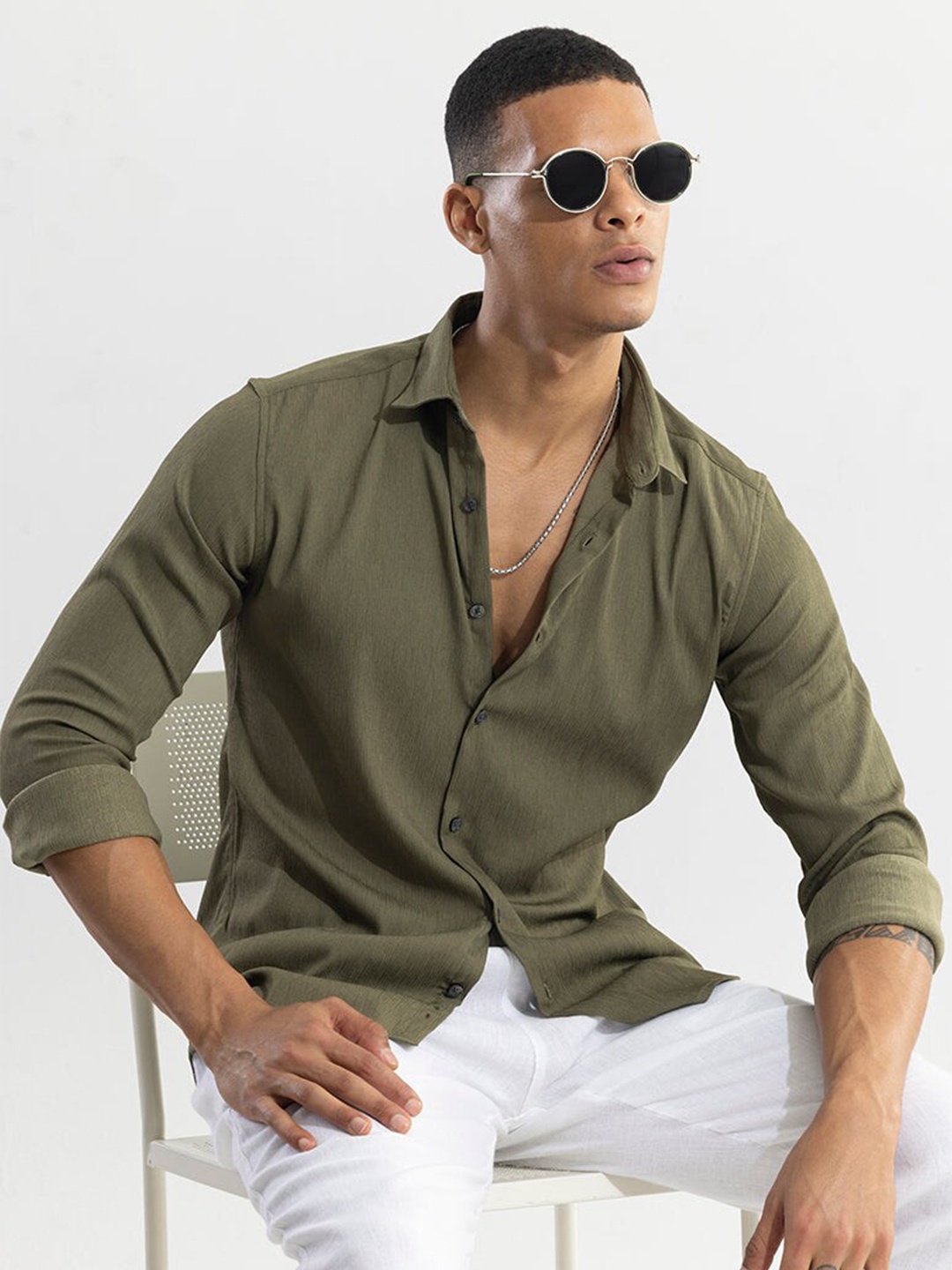 

Snitch Classic Slim Fit Opaque Casual Shirt, Olive