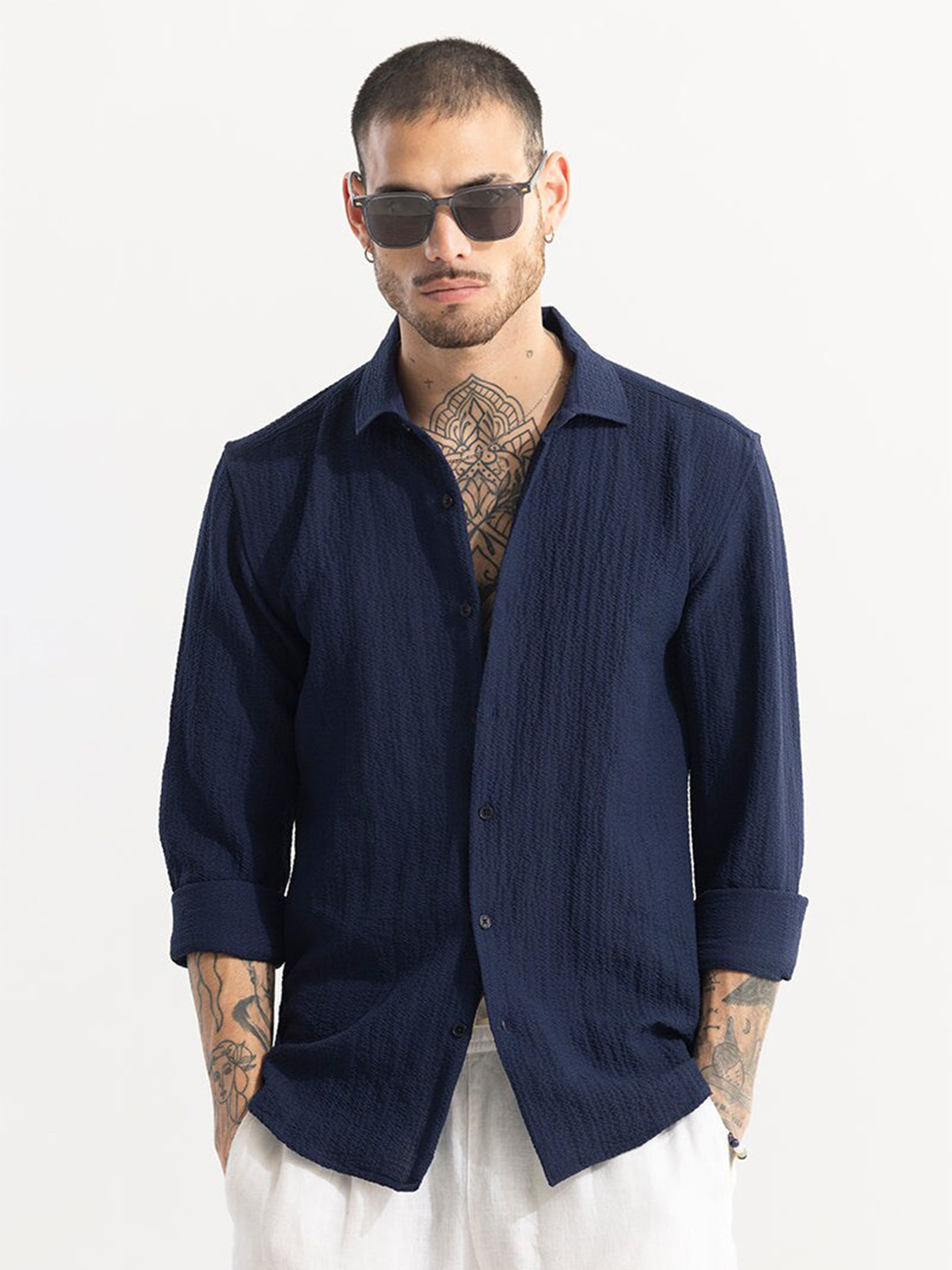 

Snitch Classic Slim Fit Opaque Striped Casual Shirt, Navy blue