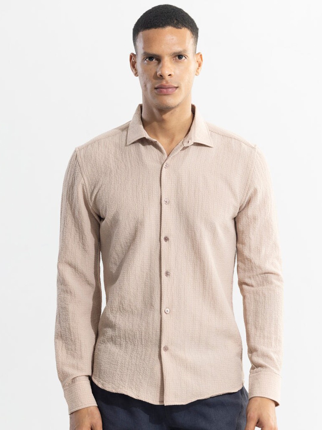 

Snitch Spread Collar Long Sleeves Classic Slim Fit Opaque Casual Shirt, Beige