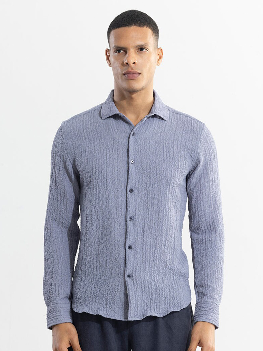 

Snitch Spread Collar Long Sleeved Classic Slim Fit Opaque Striped Casual Shirt, Blue