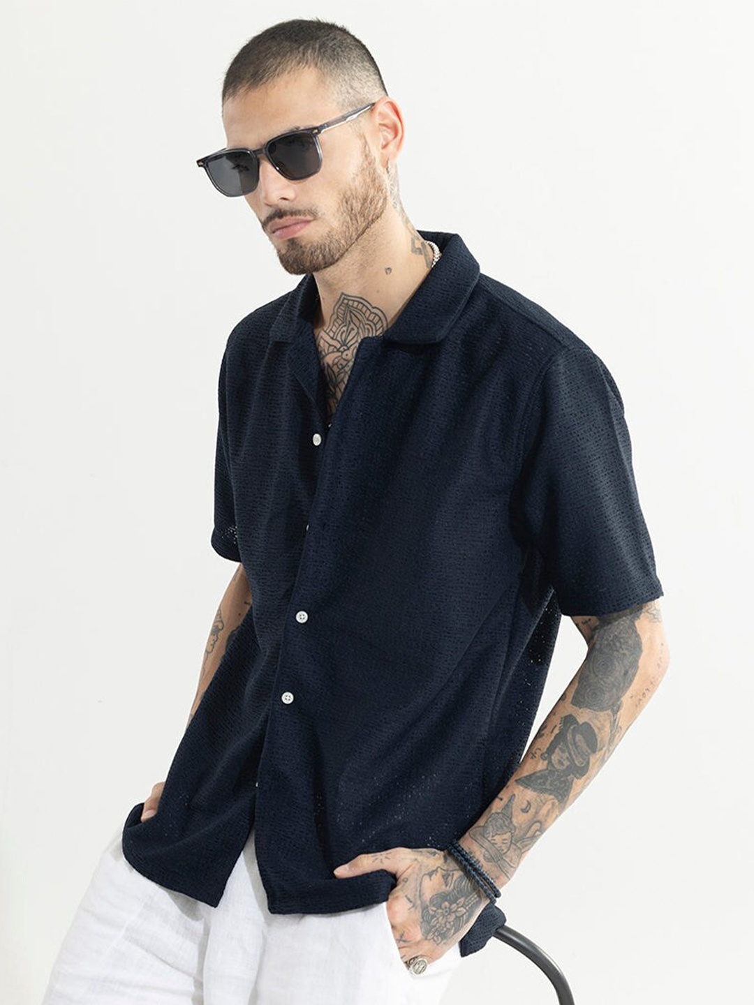 

Snitch Spread Collar Short Sleeves Classic Boxy Opaque Casual Shirt, Navy blue