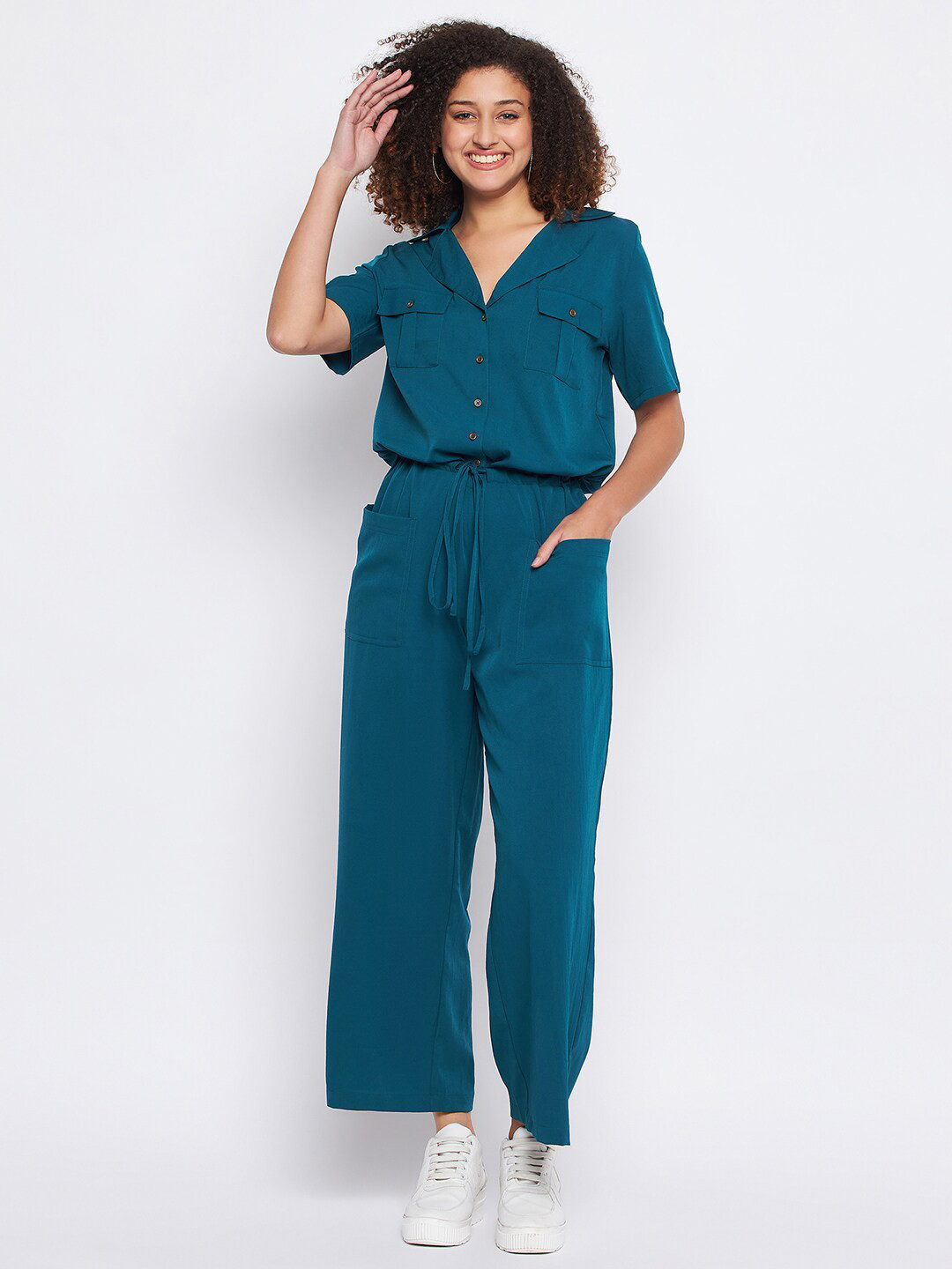 

Color Cocktail Shirt Collar Basic Jumpsuit, Blue