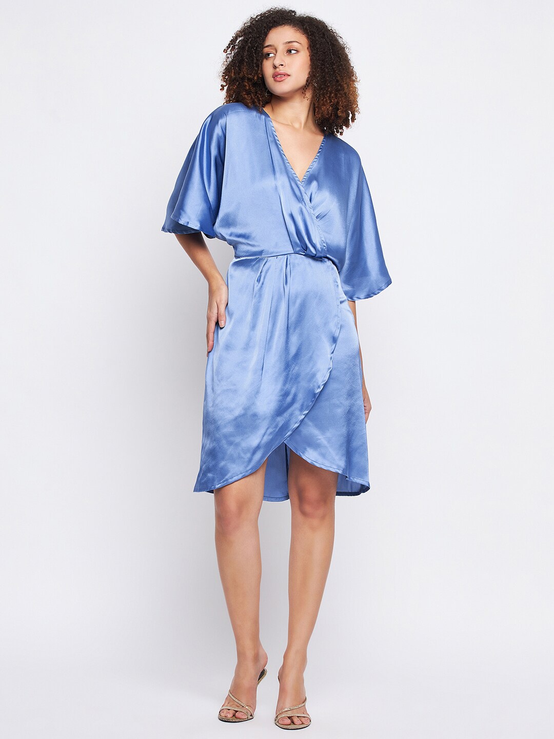 

Color Cocktail V Neck Flared Sleeve Wrap Satin Dress, Blue