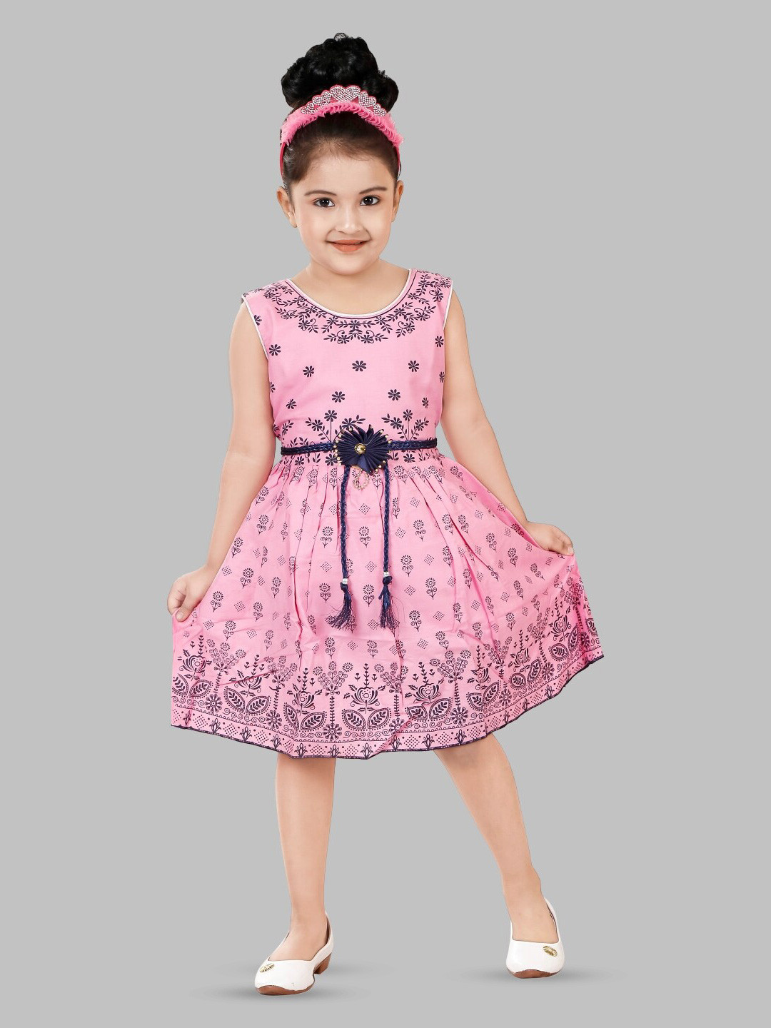 

BAESD Girls Floral Print Round Neck Sleeveless Fit & Flare Dress, Pink