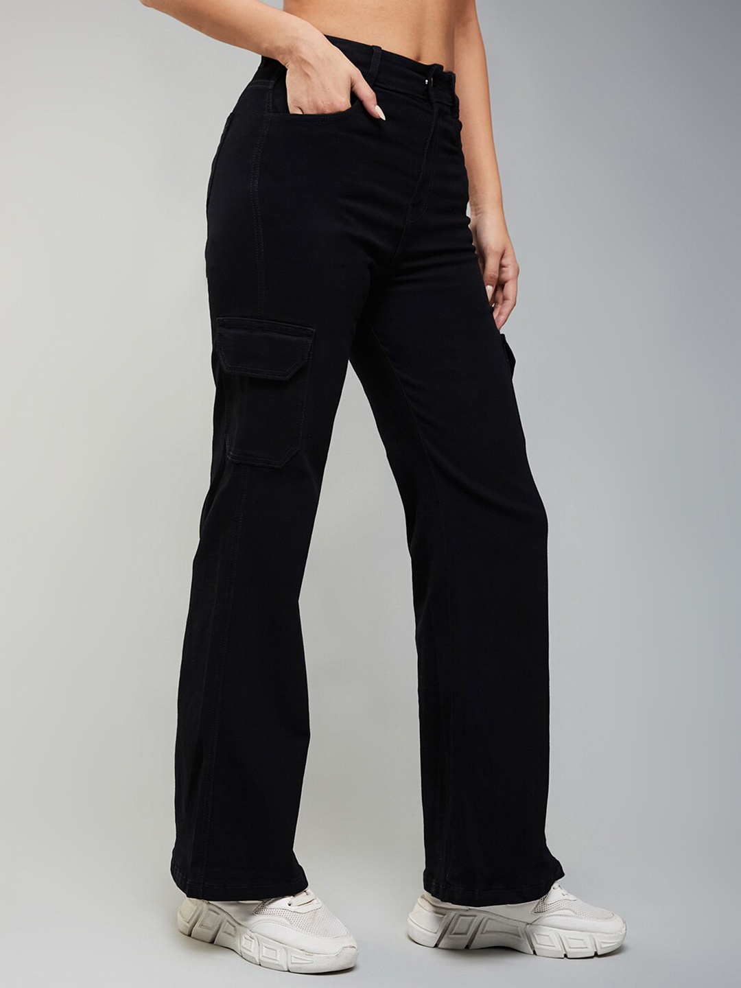 

DOLCE CRUDO Women Wide Leg High-Rise Slash Knee Stretchable Jeans, Black