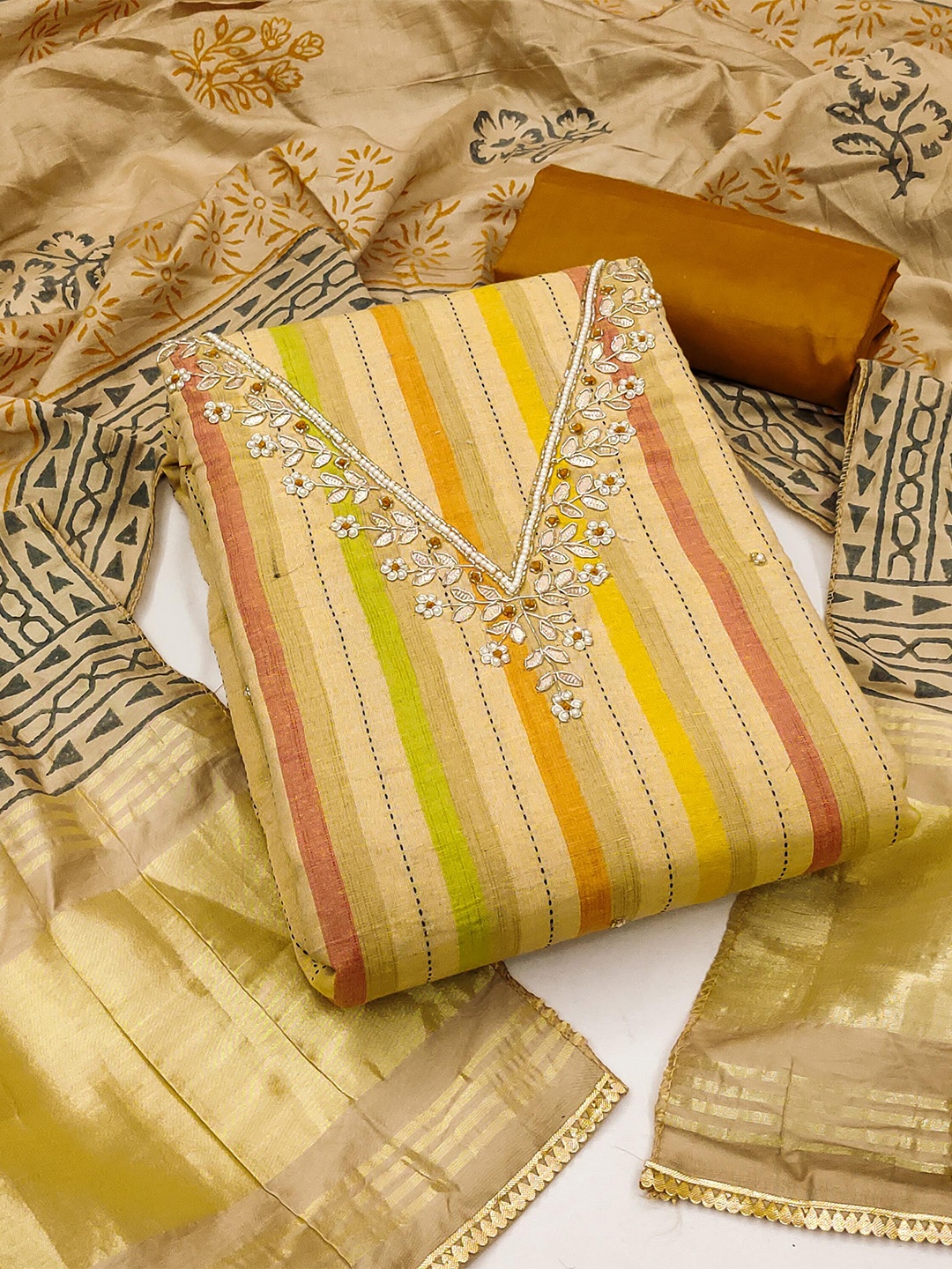 

KALINI Striped Unstitched Dress Material, Beige