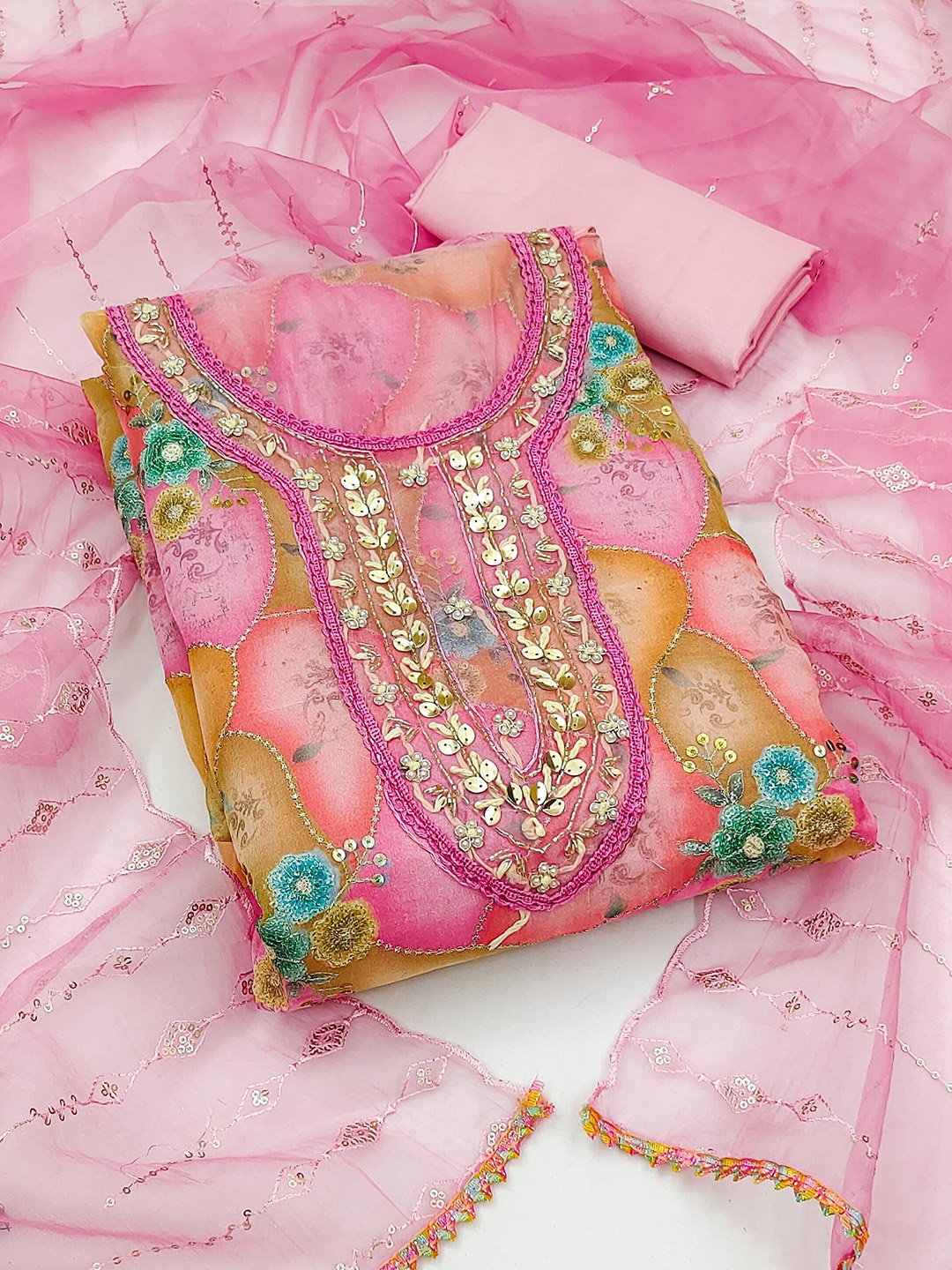 

KALINI Embroidered Organza Unstitched Dress Material, Pink