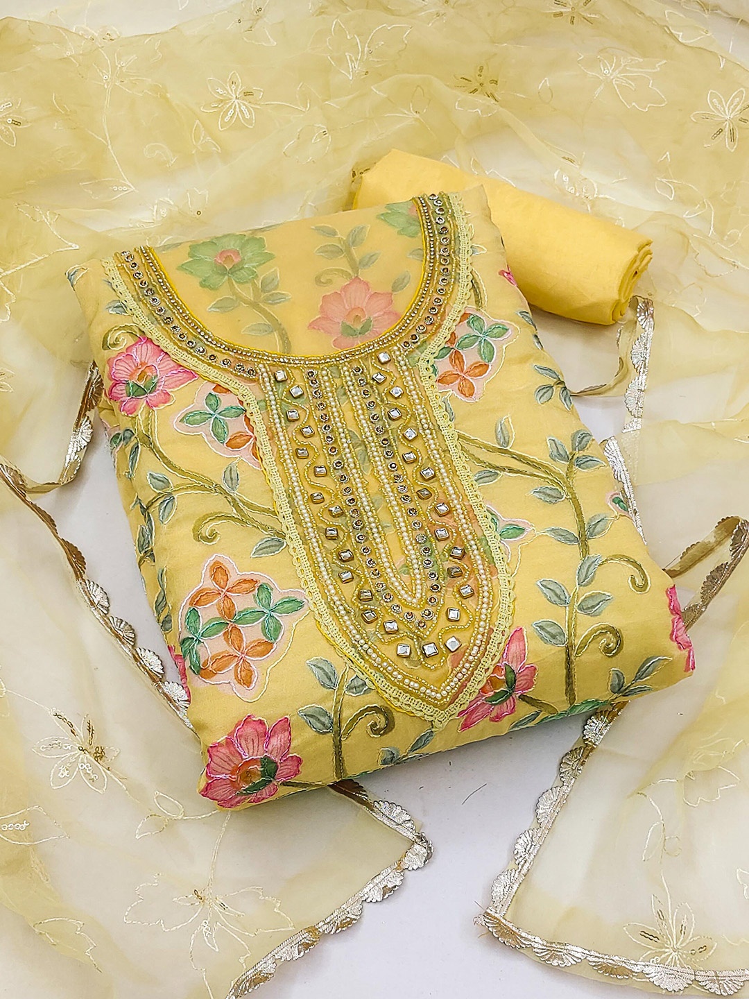 

KALINI Floral Embroidered Organza Unstitched Dress Material, Yellow