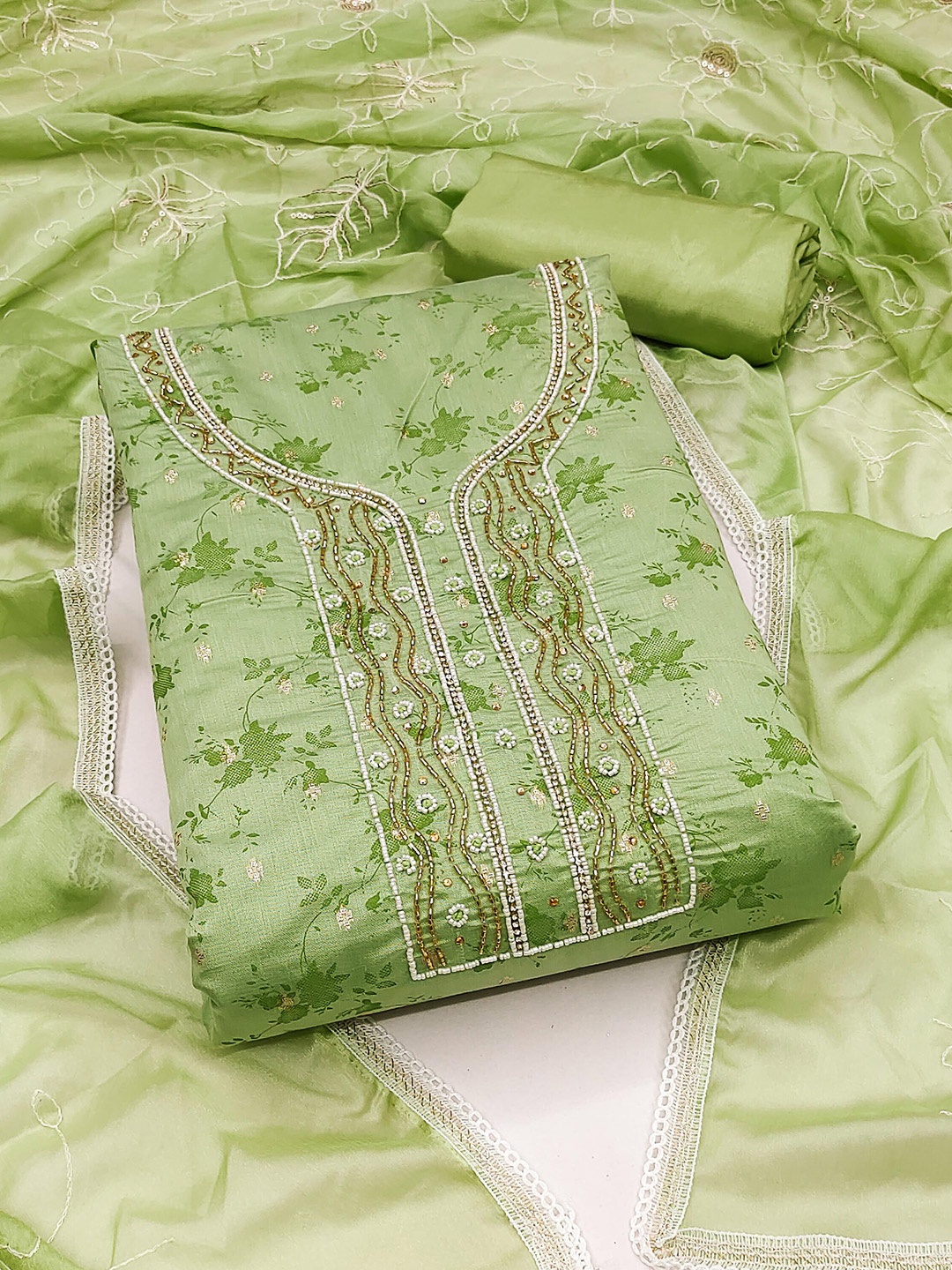 

KALINI Floral Printed Zari Detailed Unstitched Dress Material, Green