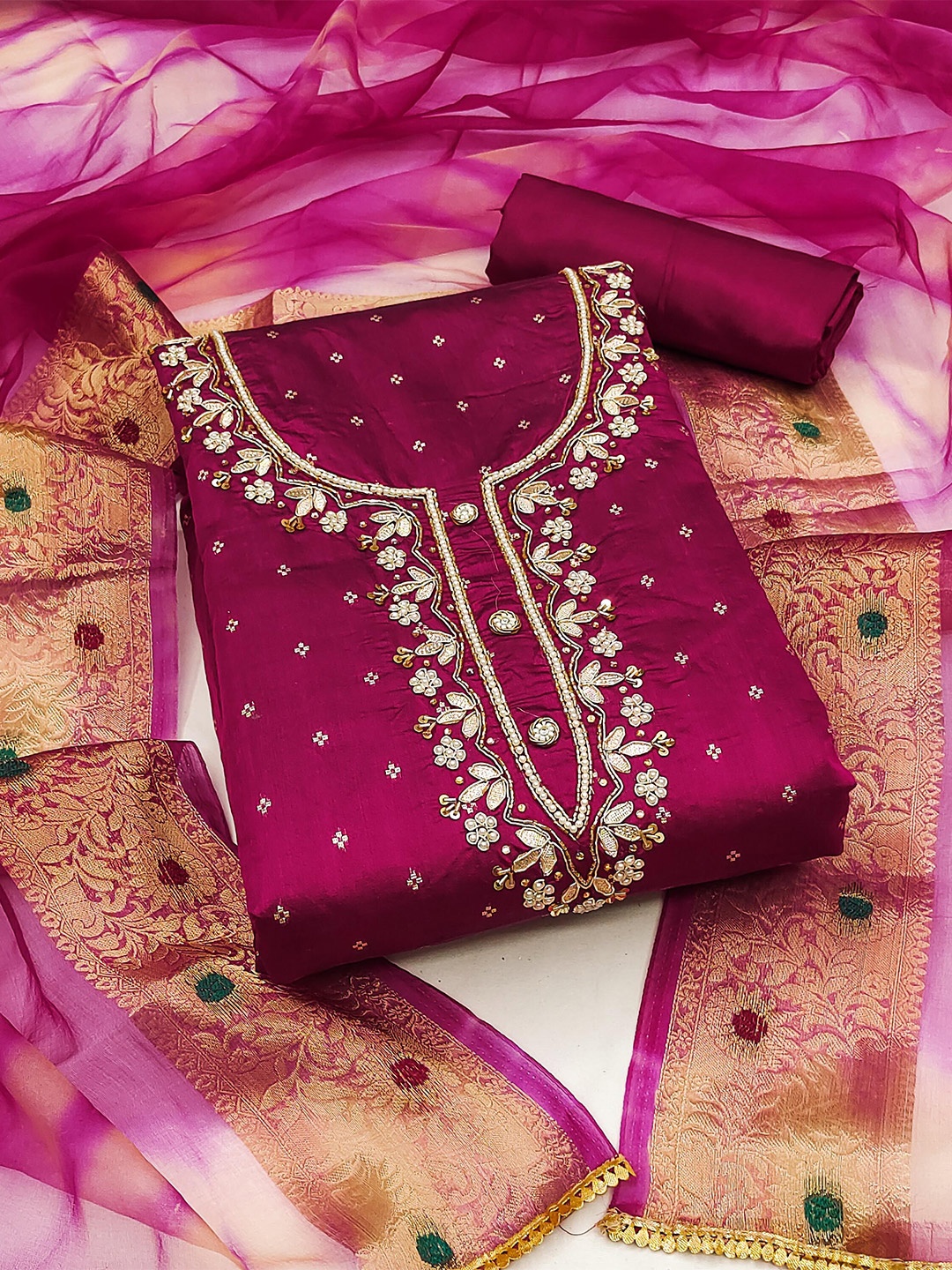 

KALINI Woven Design Unstitched Dress Material, Magenta