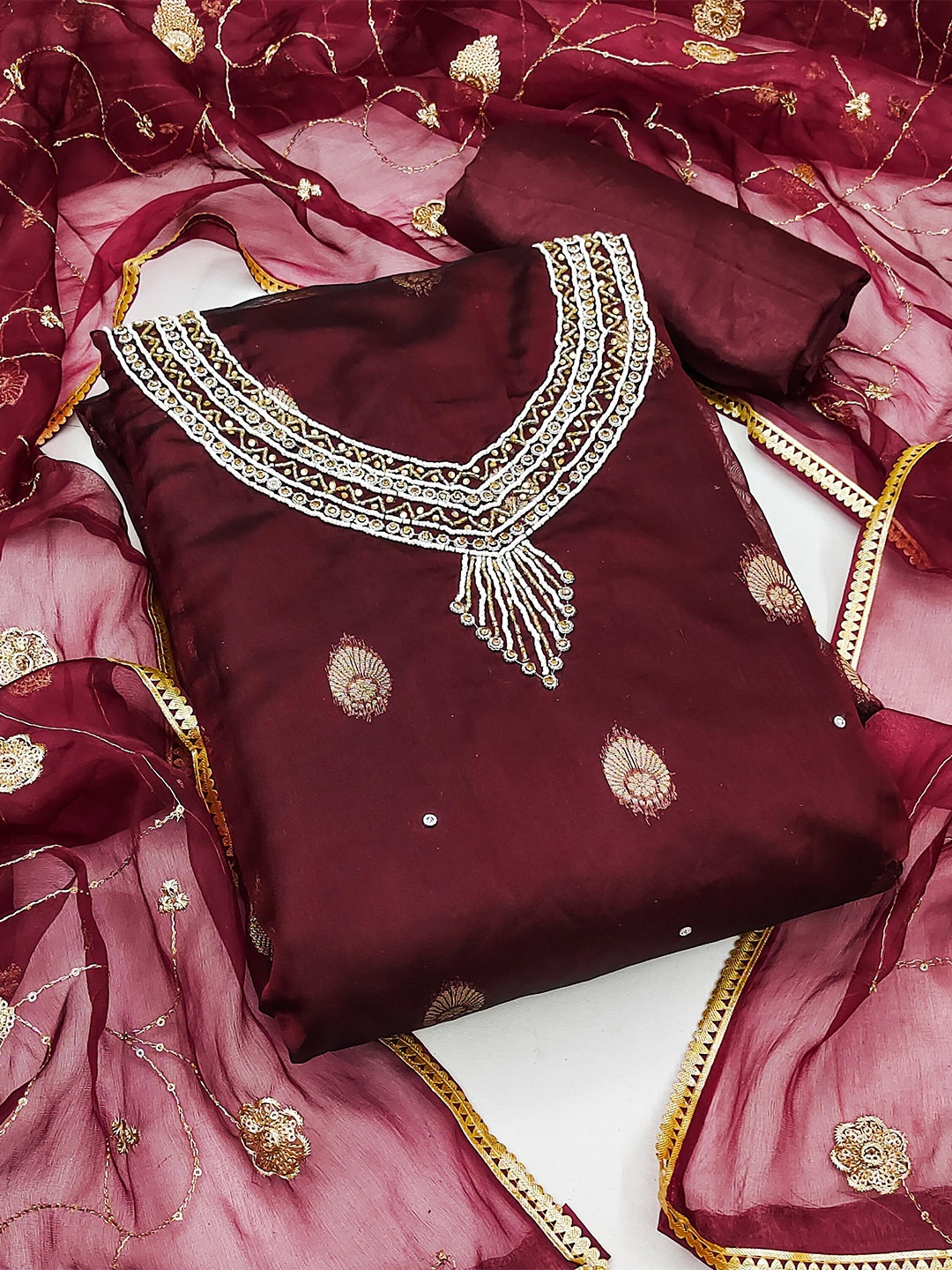 

KALINI Ethnic Motifs Woven Design Organza Unstitched Dress Material, Maroon