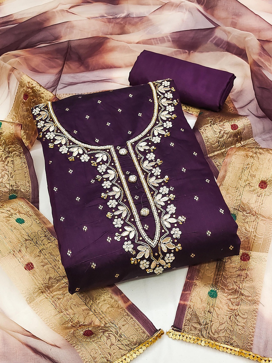 

KALINI Ethnic Motifs Embroidered Zari Unstitched Dress Material, Burgundy