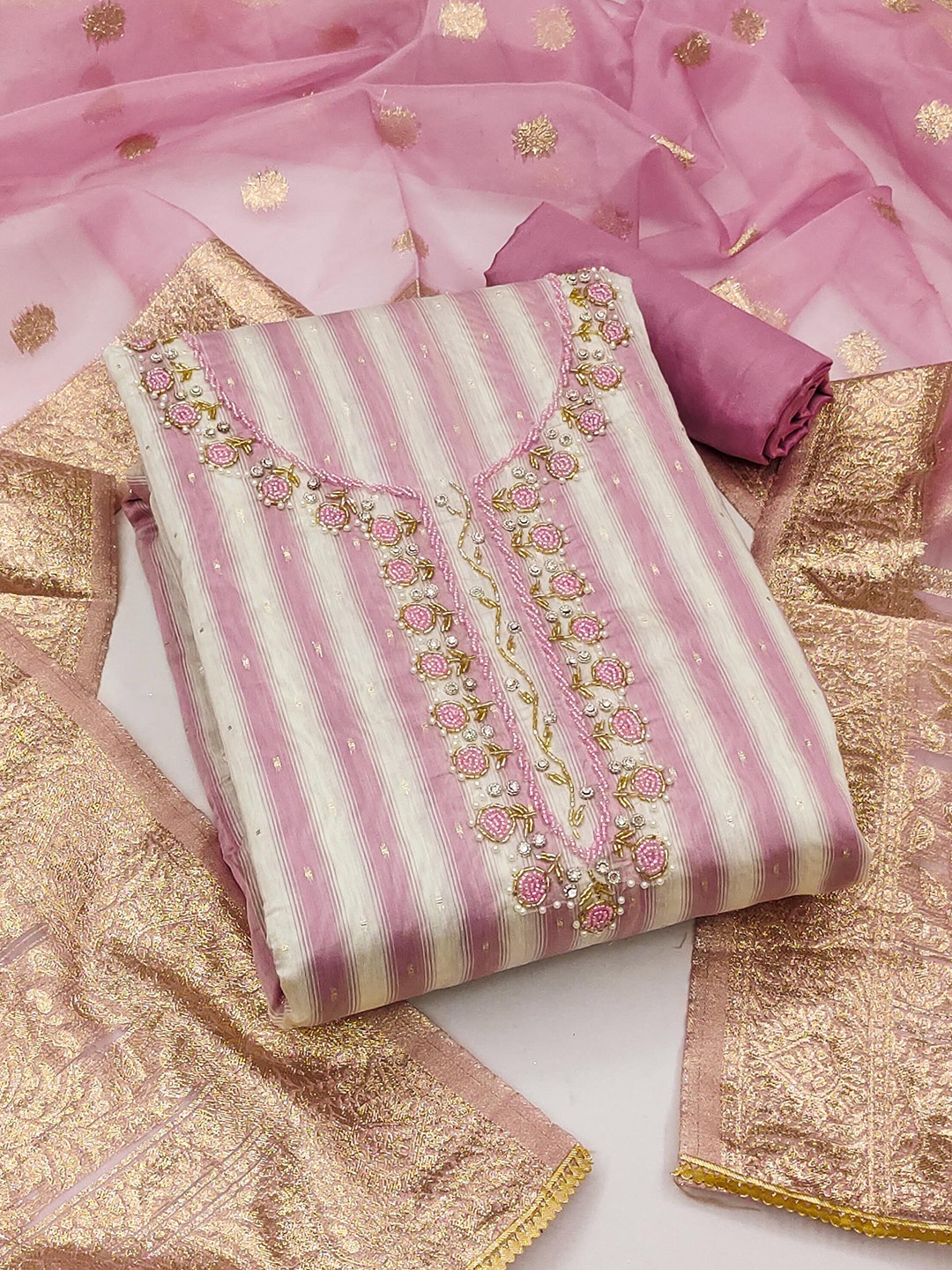 

KALINI Striped Unstitched Dress Material, Pink