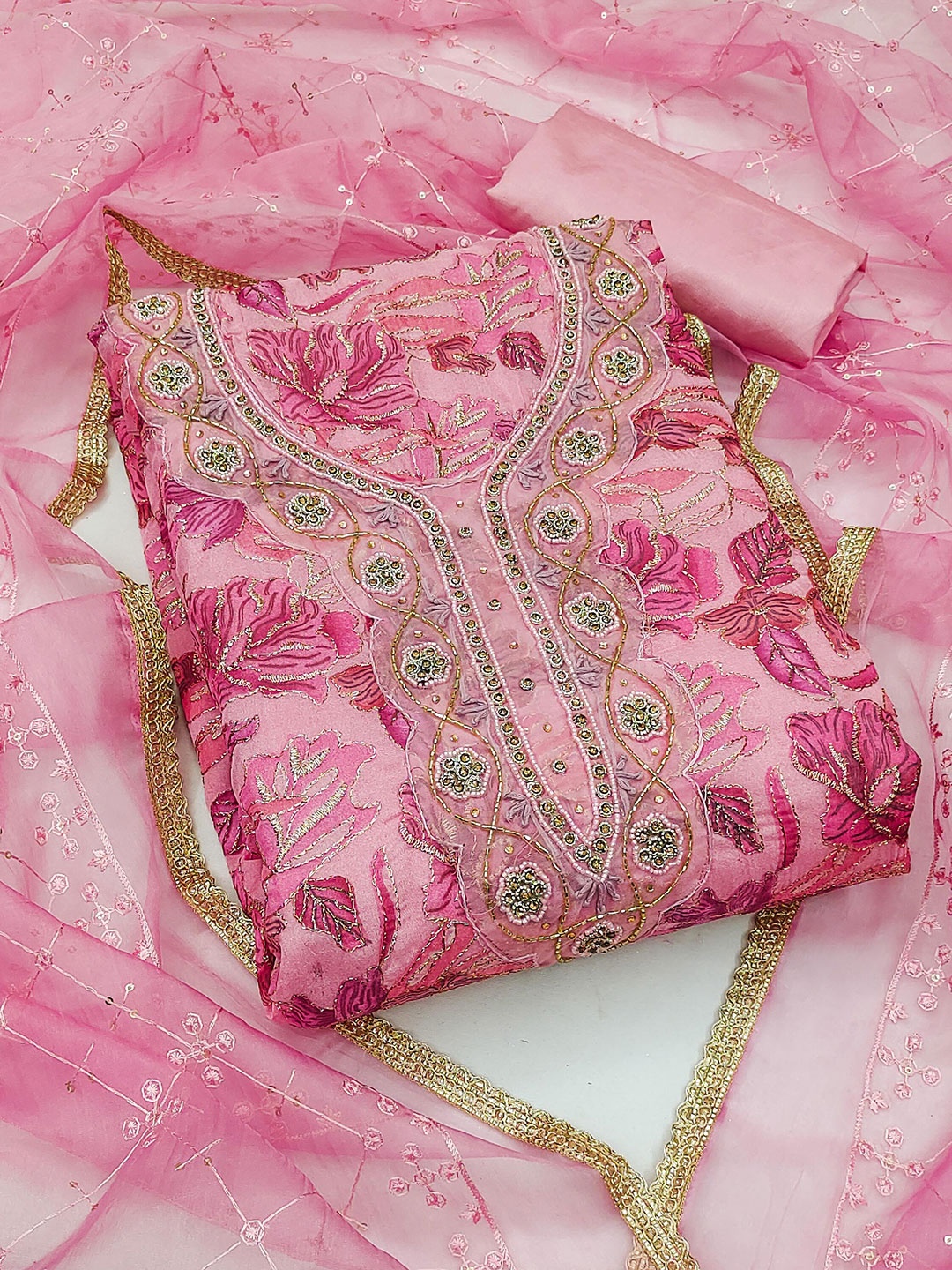 

KALINI Embroidered Organza Unstitched Dress Material, Pink