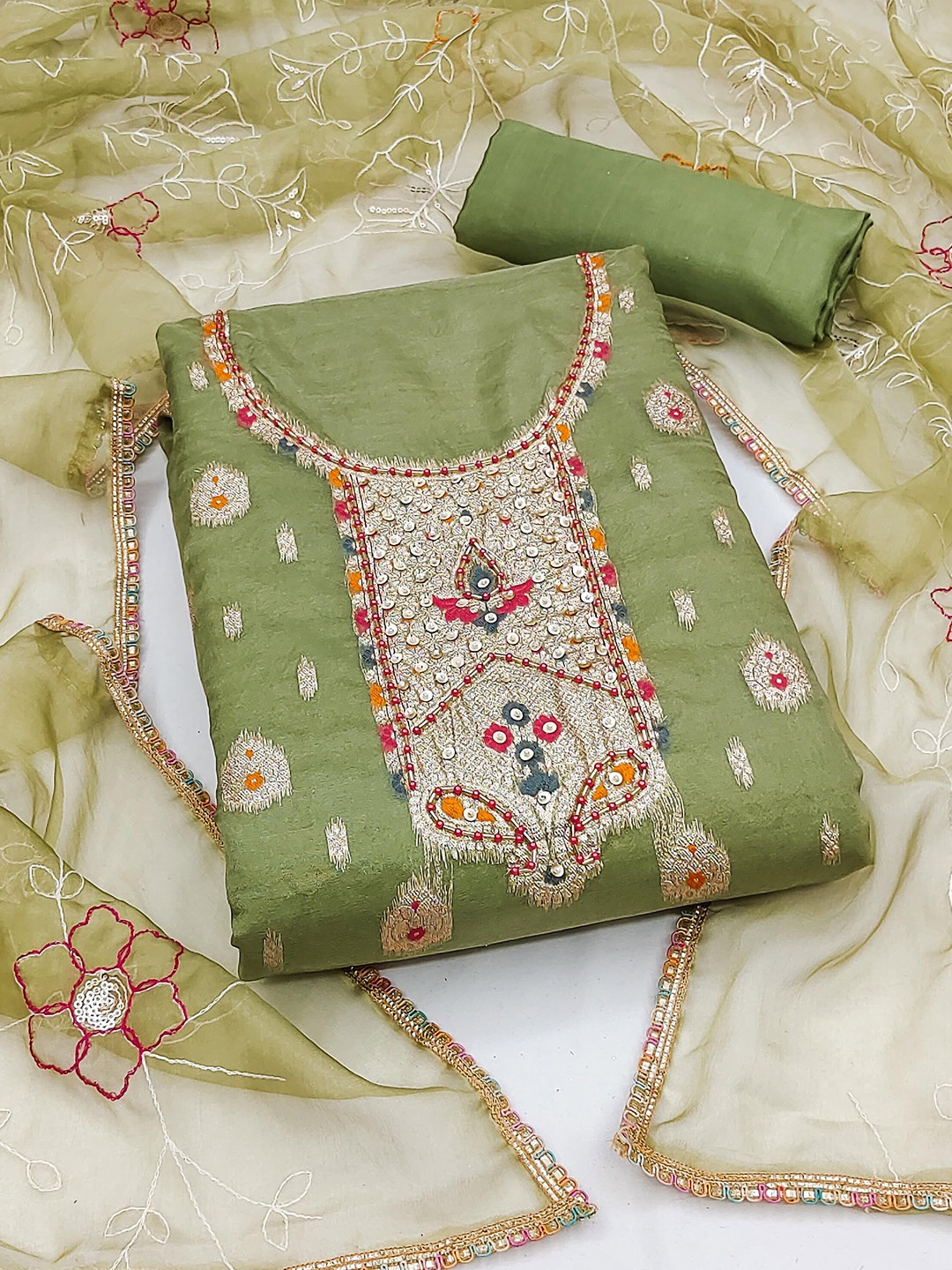 

KALINI Ethnic Woven Design Organza Unstitched Dress Material, Green