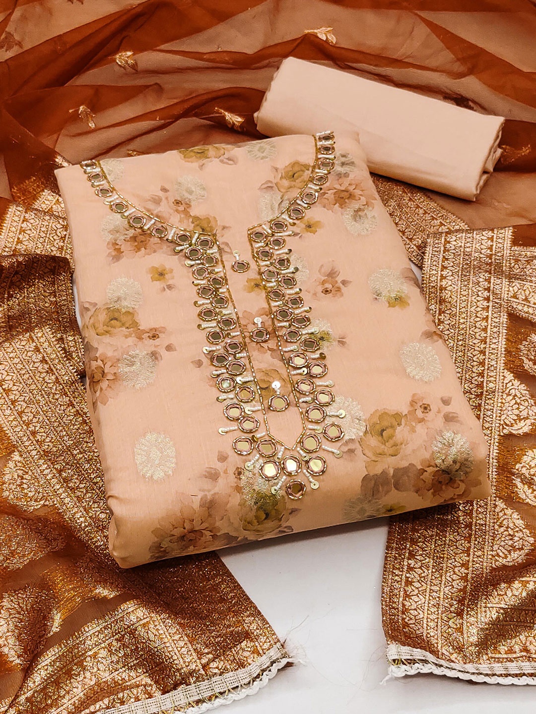 

KALINI Floral Woven Design Unstitched Dress Material, Peach