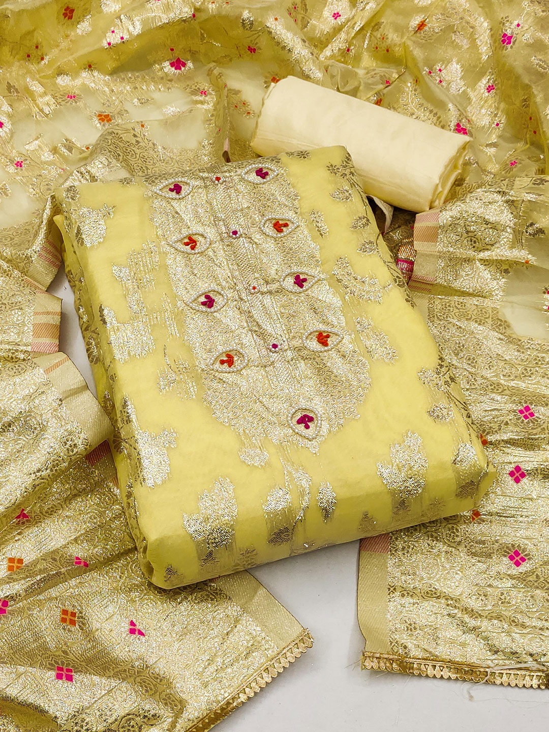 

KALINI Woven Design Unstitched Dress Material, Yellow
