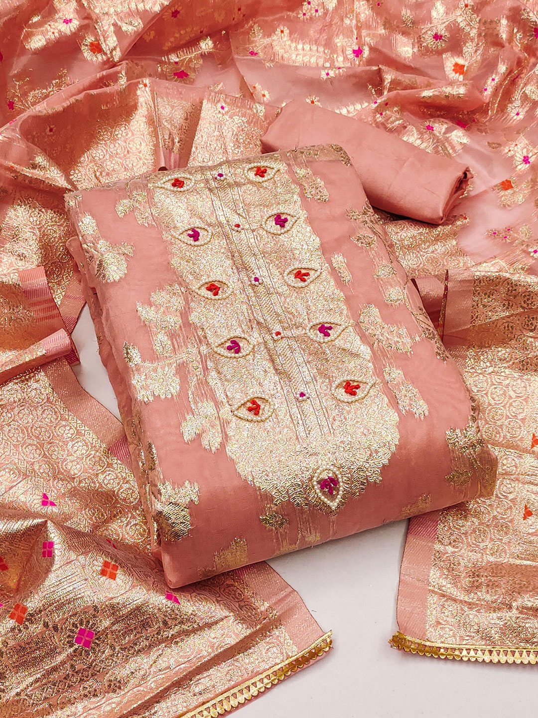 

KALINI Woven Design Unstitched Dress Material, Peach
