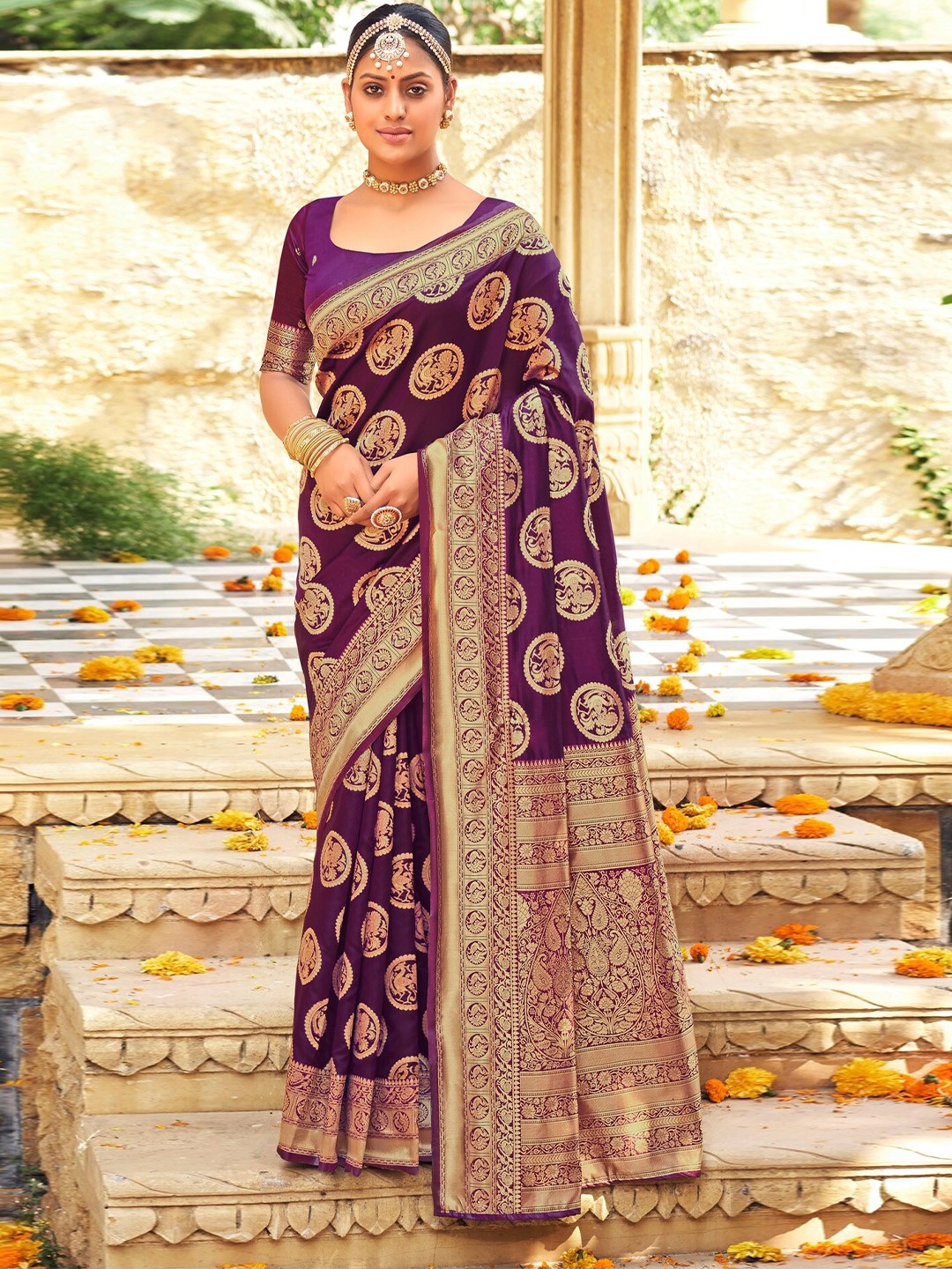 

PBS PRINTS Ethnic Motifs Woven Design Zari Art Silk Banarasi Saree, Purple