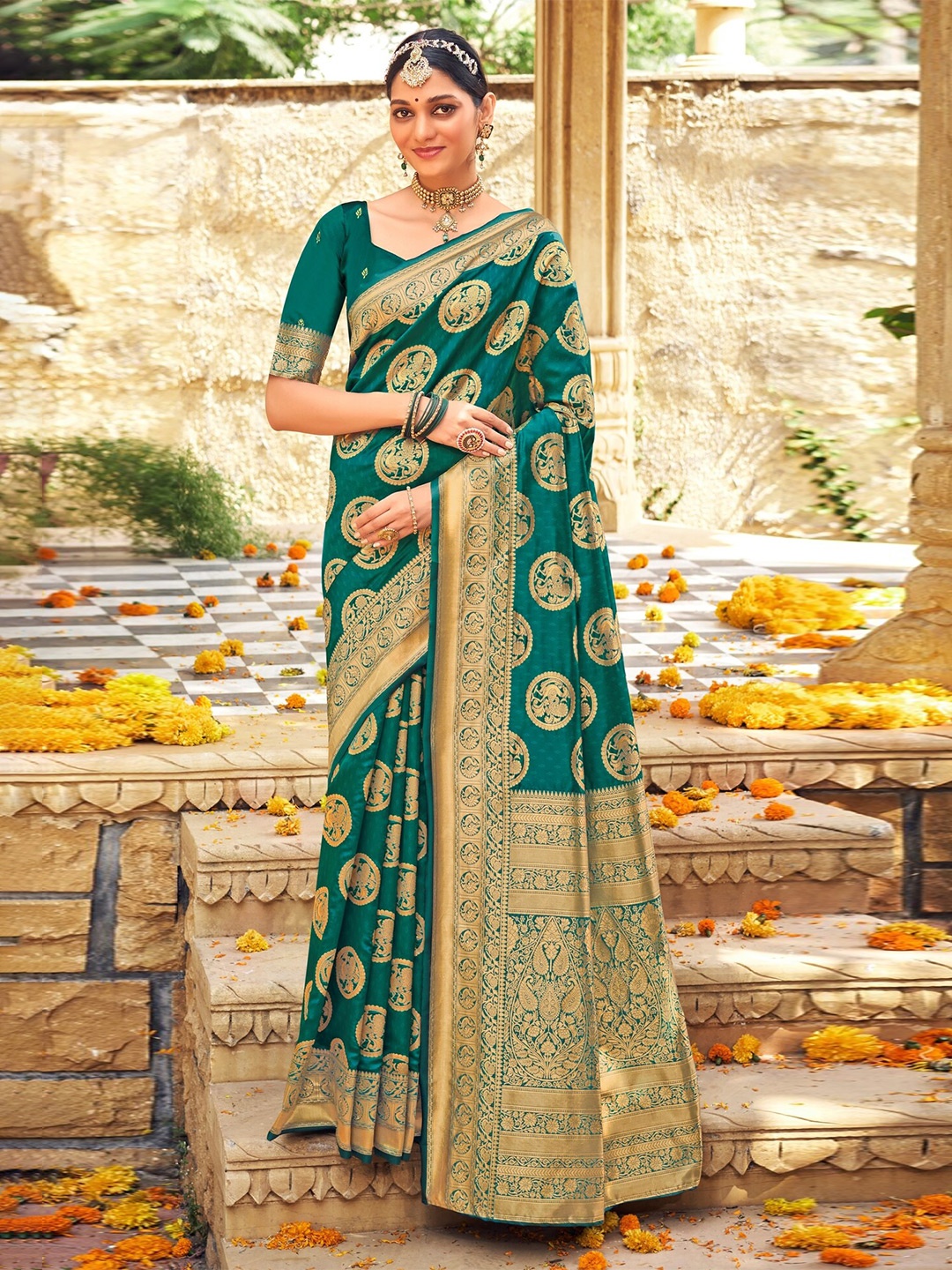 

PBS PRINTS Ethnic Motifs Woven Design Zari Art Silk Banarasi Saree, Teal