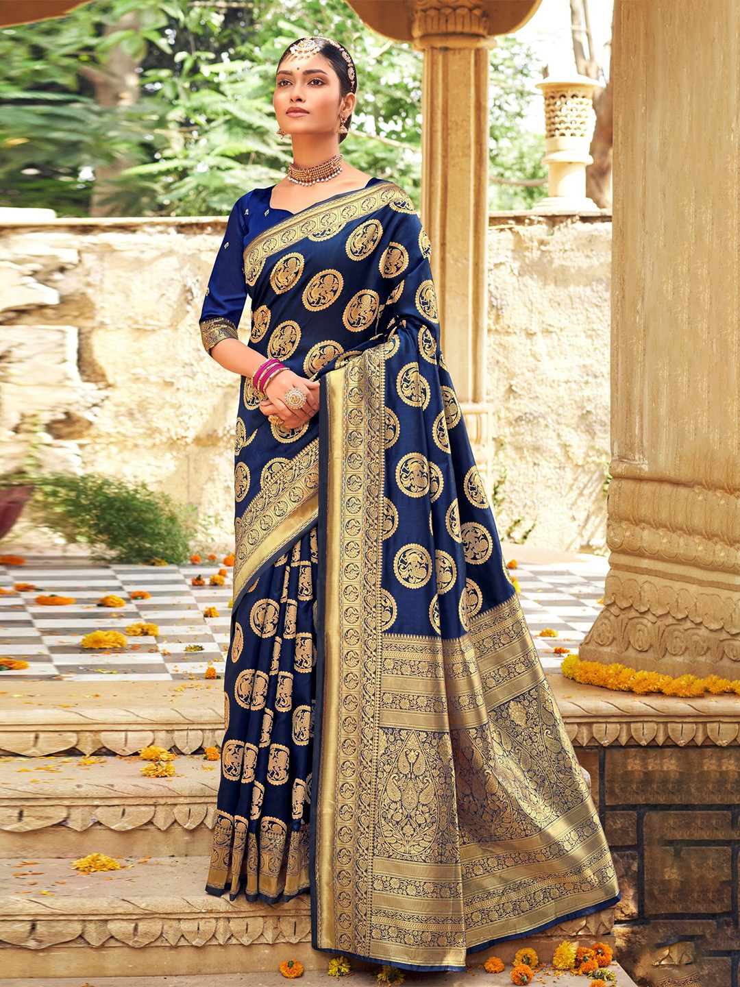 

PBS PRINTS Ethnic Motifs Woven Design Zari Art Silk Banarasi Saree, Blue