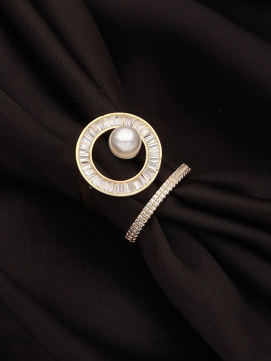 

Jazz and Sizzle Gold-Plated CZ-Studded & Beaded Adjustable Finger Ring