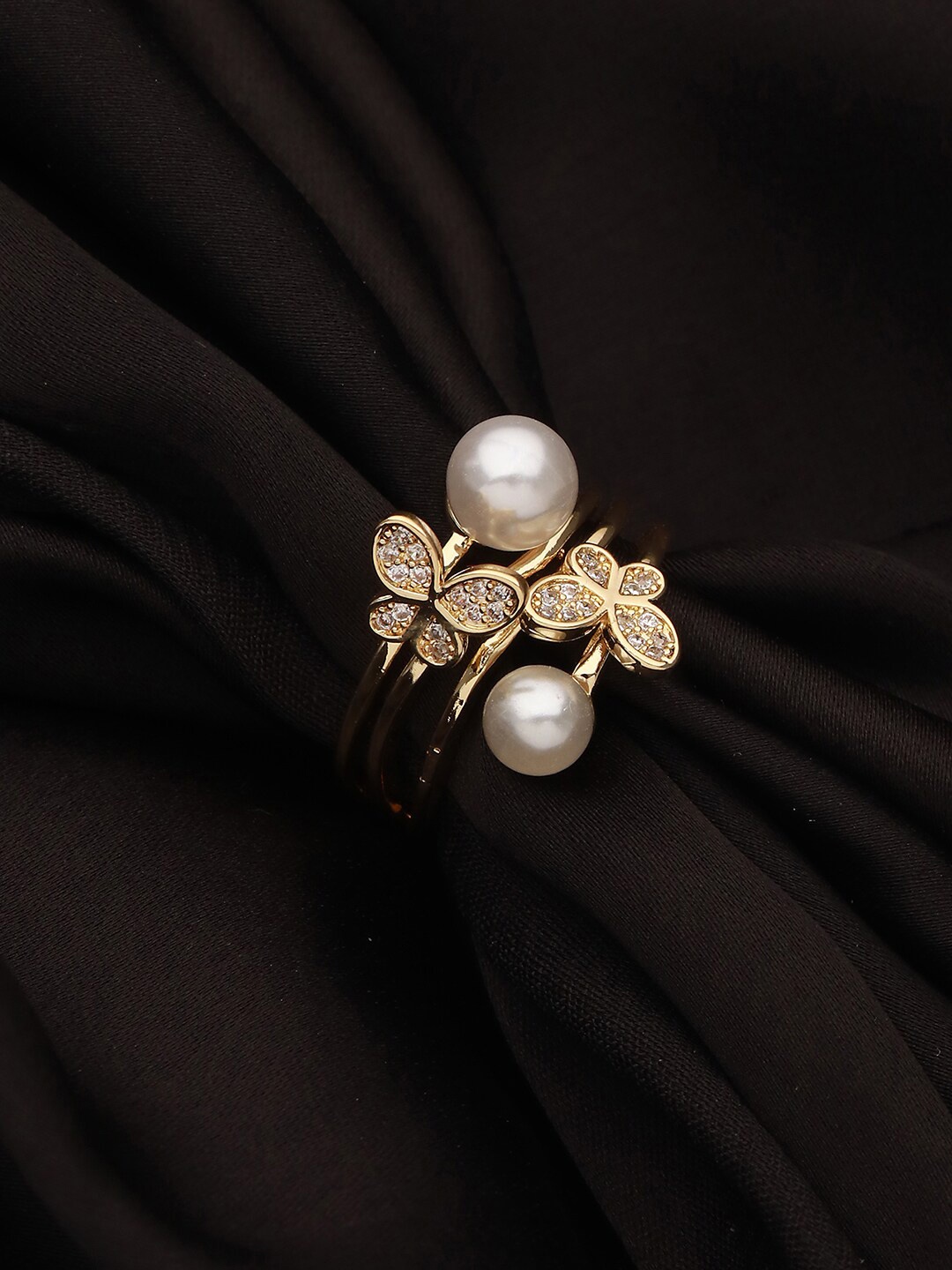 

Jazz and Sizzle Gold-Plated Pearl-Studded & Layered Butterfly Adjustable Finger Ring