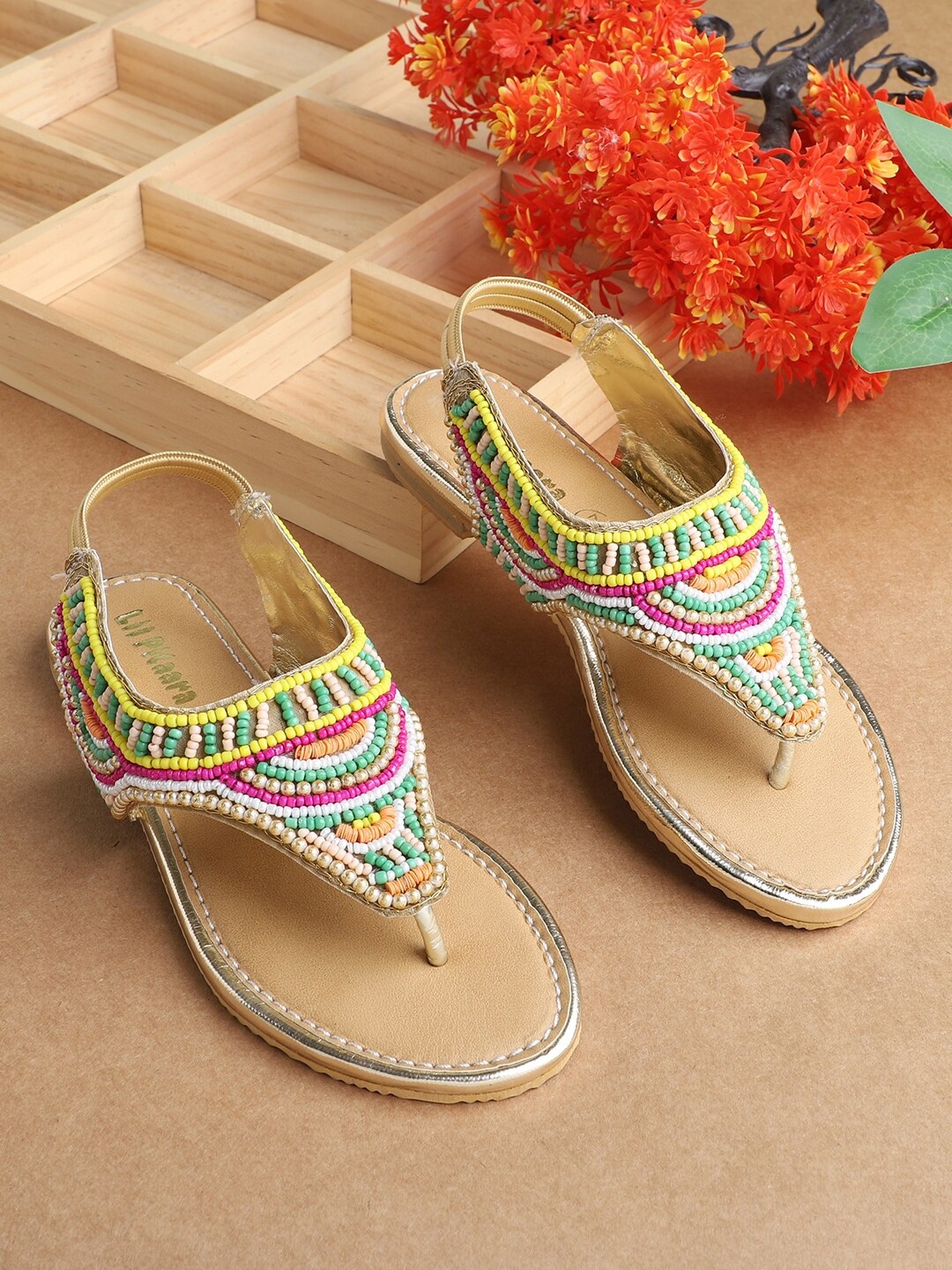 

LIL PITAARA Girls Embellished T-Strap Flats, Beige