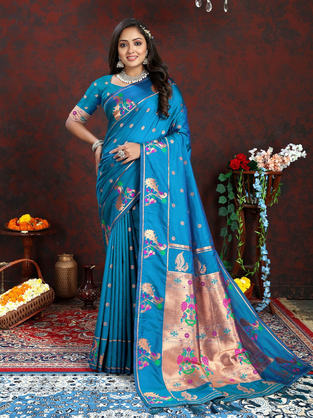 

Divyadham Textiles Ethnic Motifs Woven Design Zari Pure Silk Paithani Saree, Turquoise blue