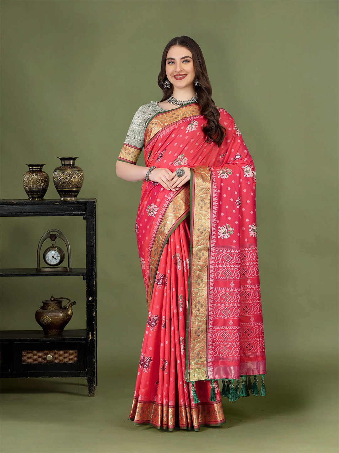 

Divyadham Textiles Ethnic Motifs Woven Design Zari Pure Silk Patola Saree, Pink