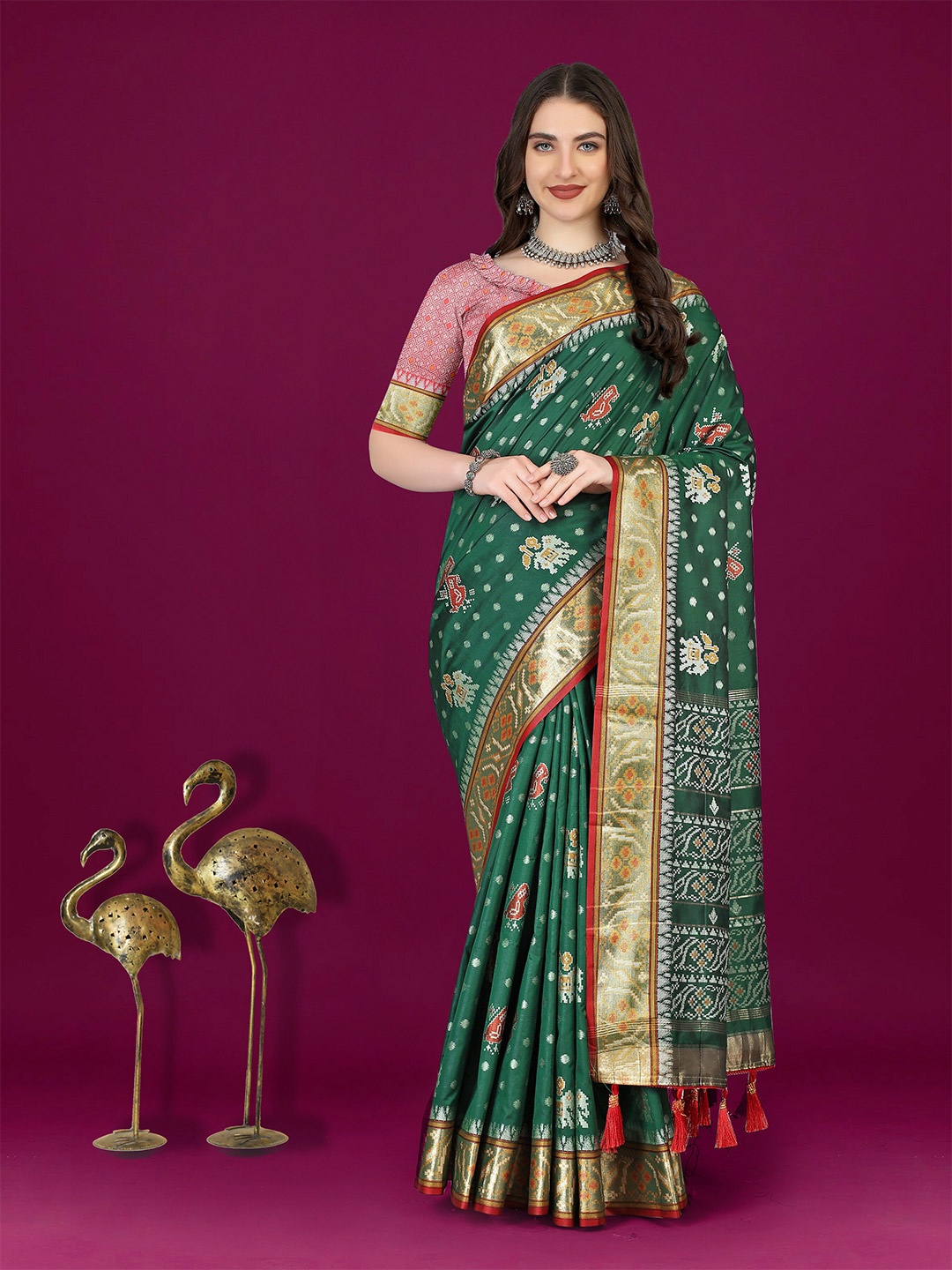 

Divyadham Textiles Ethnic Motifs Woven Design Zari Pure Silk Patola Saree, Green