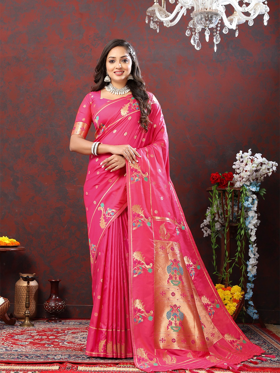 

Divyadham Textiles Ethnic Motifs Woven Design Pure Silk Zari Paithani Saree, Pink