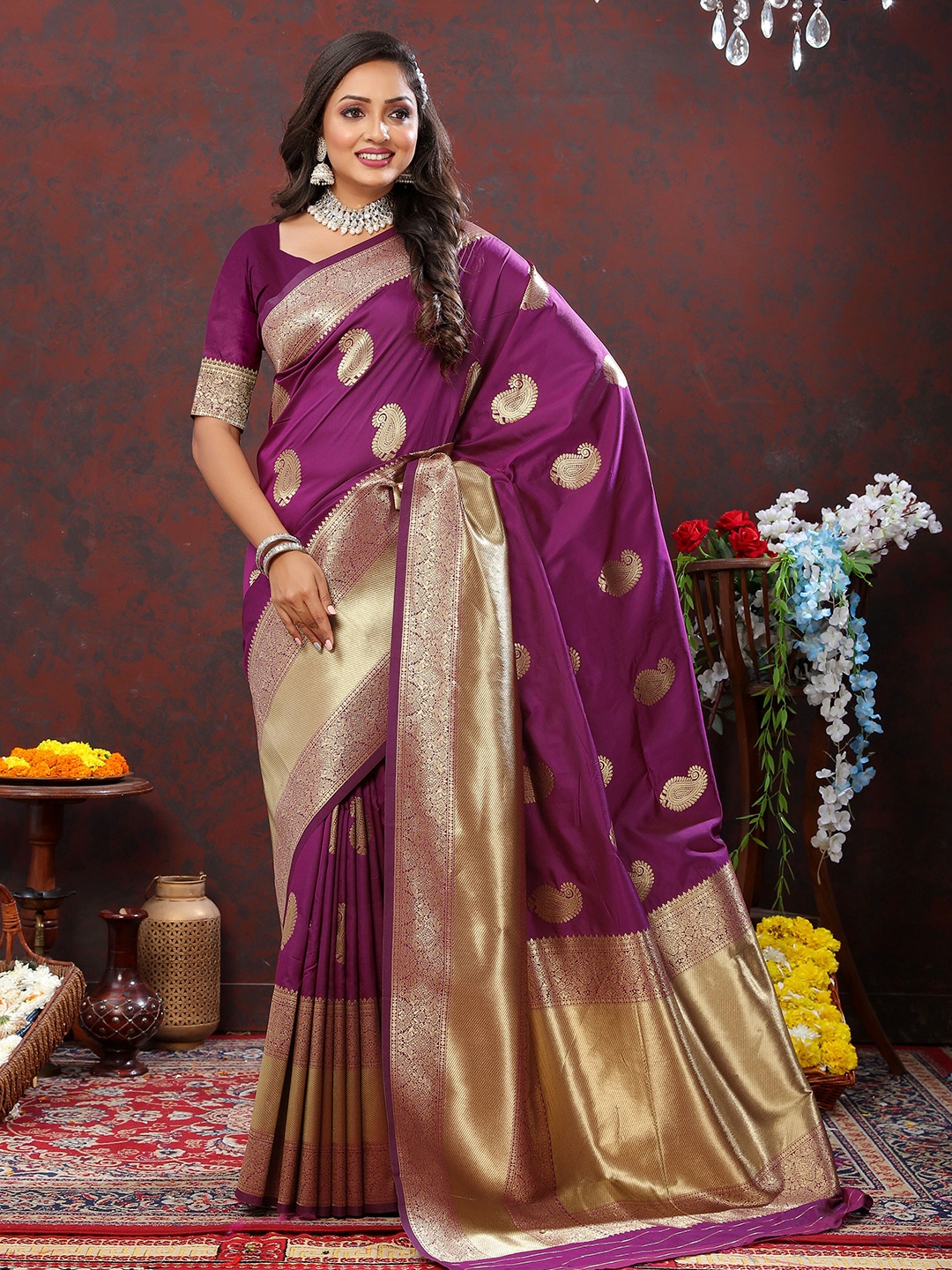 

Divyadham Textiles Ethnic Motifs Woven Design Zari Pure Silk Banarasi Saree, Purple