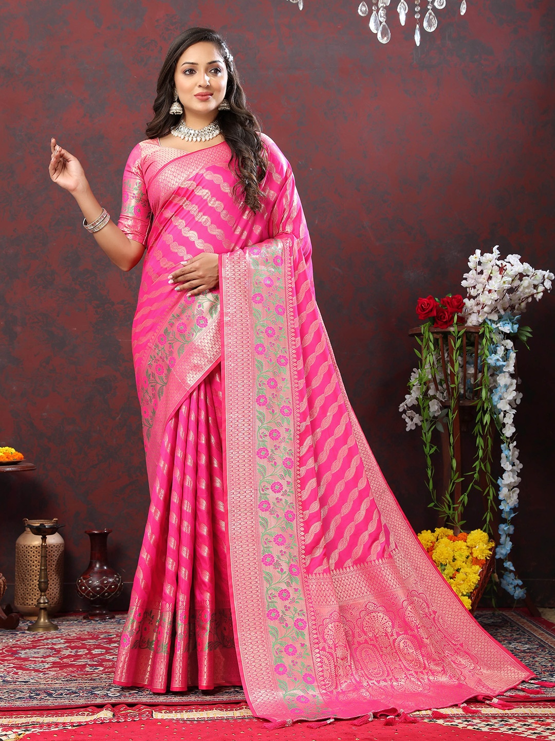 

Divyadham Textiles Striped Woven Design Zari Pure Silk Banarasi Saree, Pink