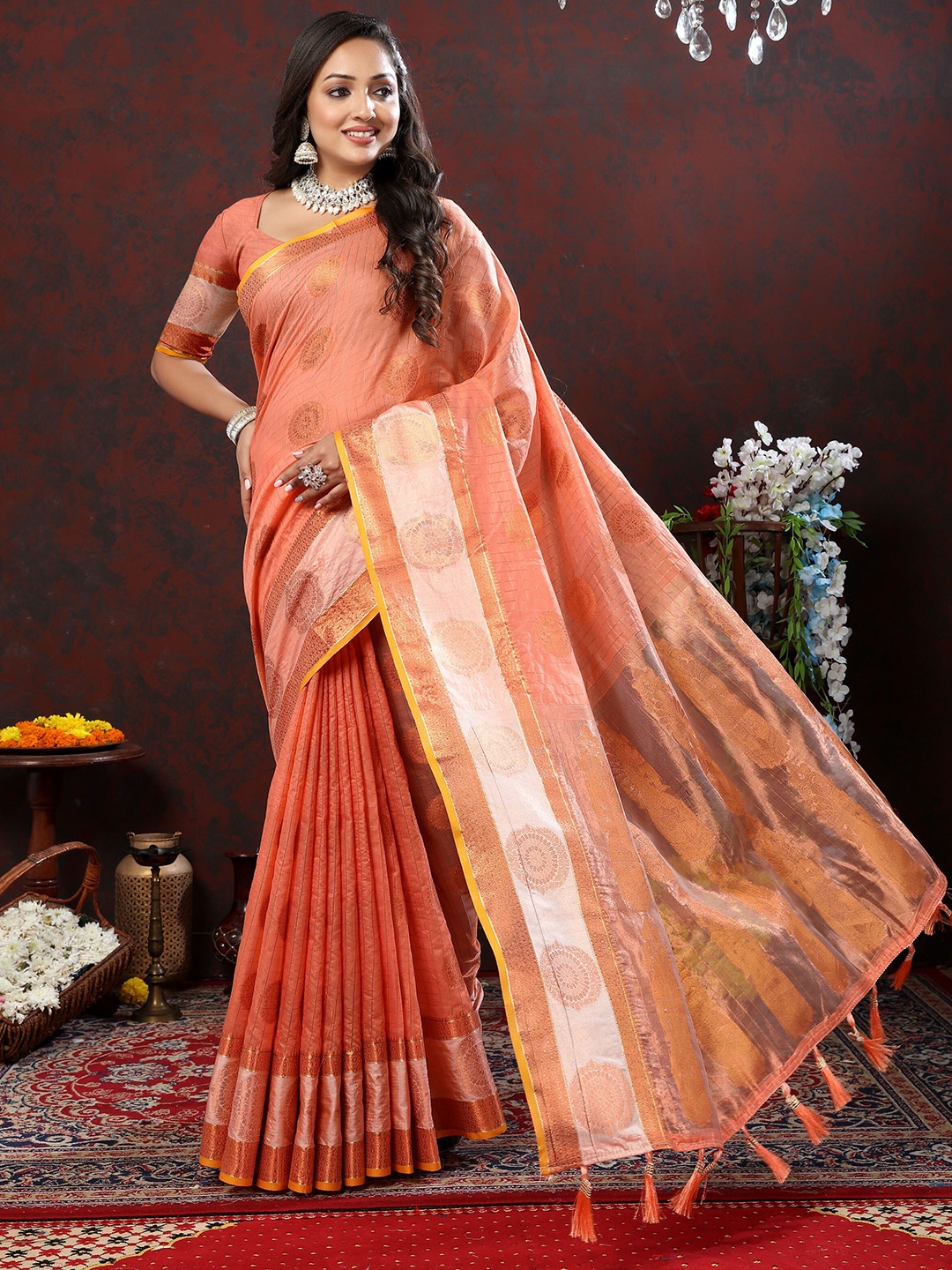 

Divyadham Textiles Ethnic Motifs Woven Design Silk Cotton Zari Banarasi Saree, Peach