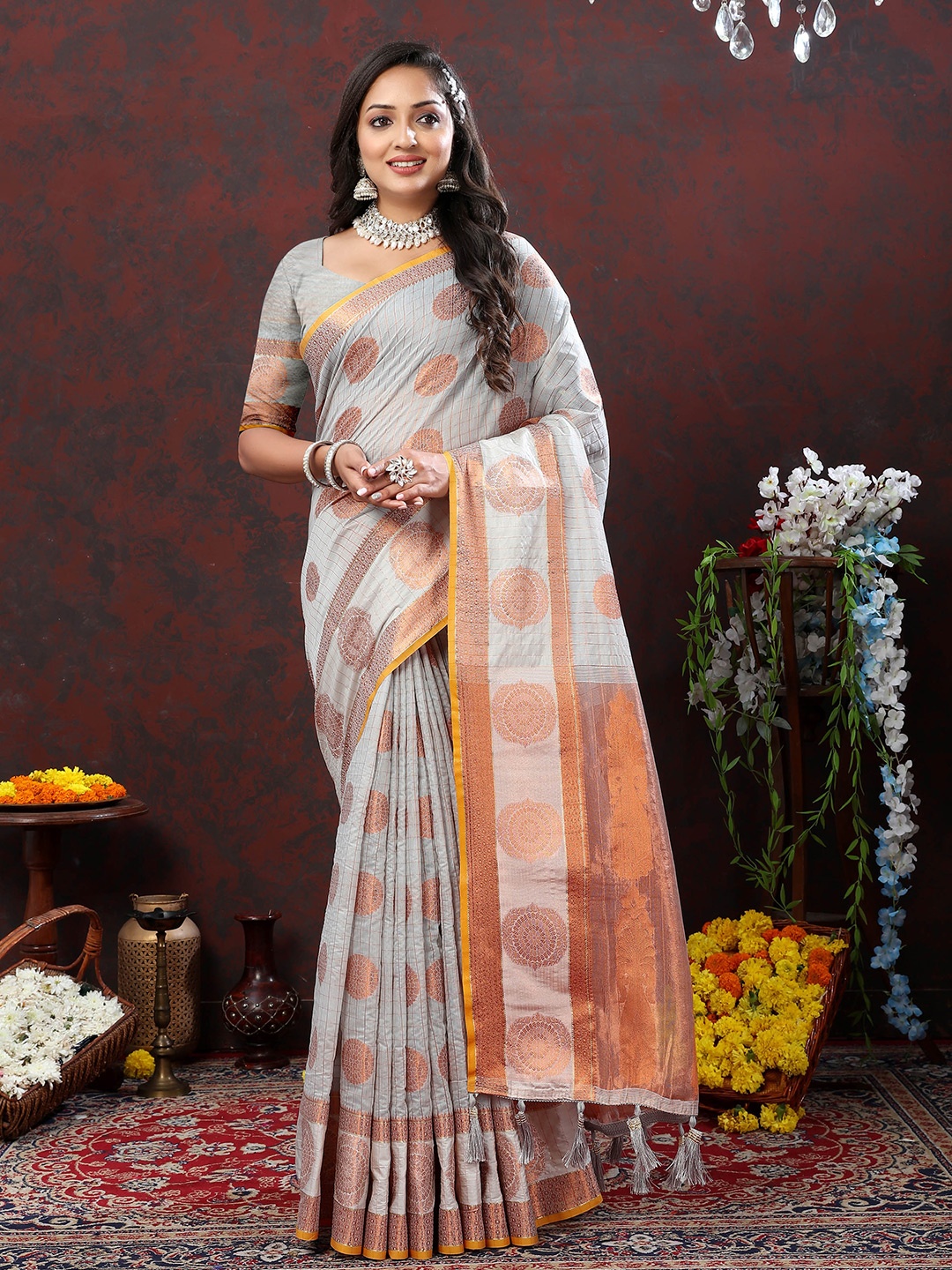 

Divyadham Textiles Ethnic Motifs Woven Design Zari Pure Cotton Silk Banarasi Saree, Grey