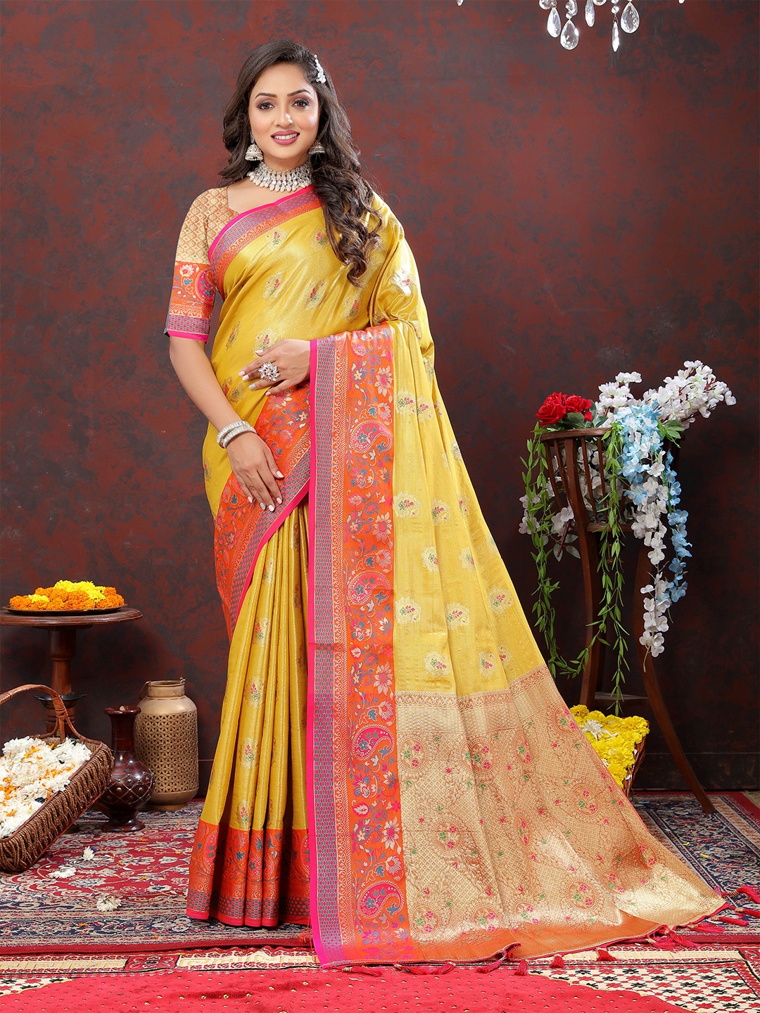 

Divyadham Textiles Ethnic Motifs Woven Design Zari Pure Silk Kanjeevaram Saree, Mustard