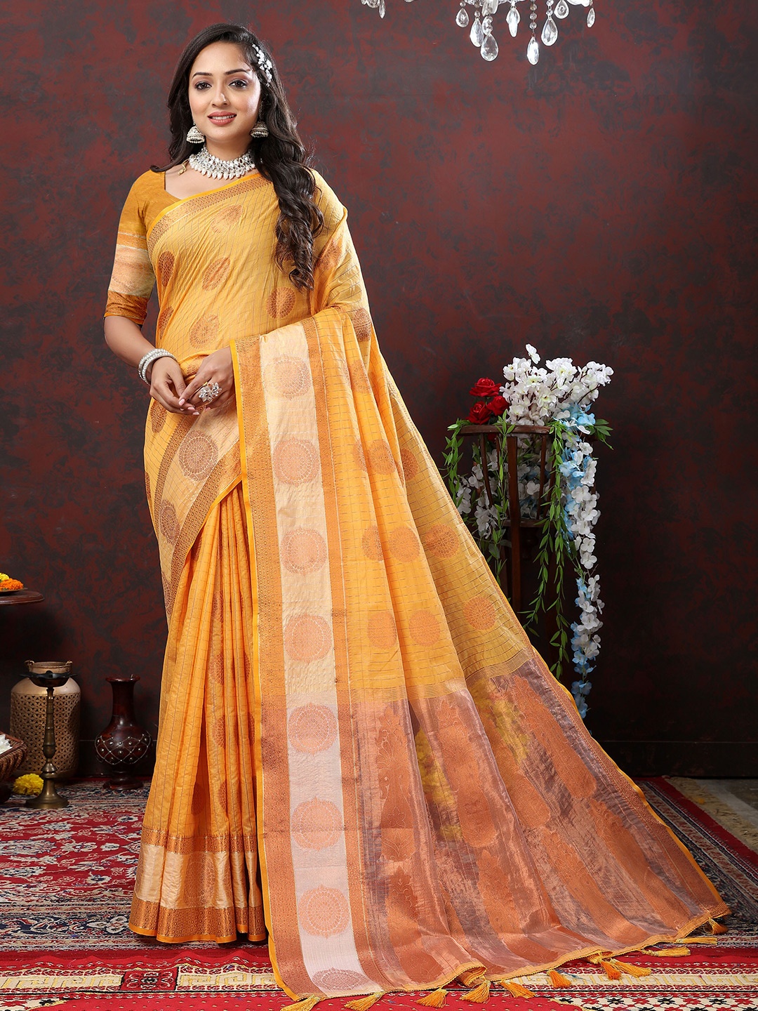 

Divyadham Textiles Ethnic Motifs Woven Design Zari Silk Cotton Banarasi Saree, Yellow