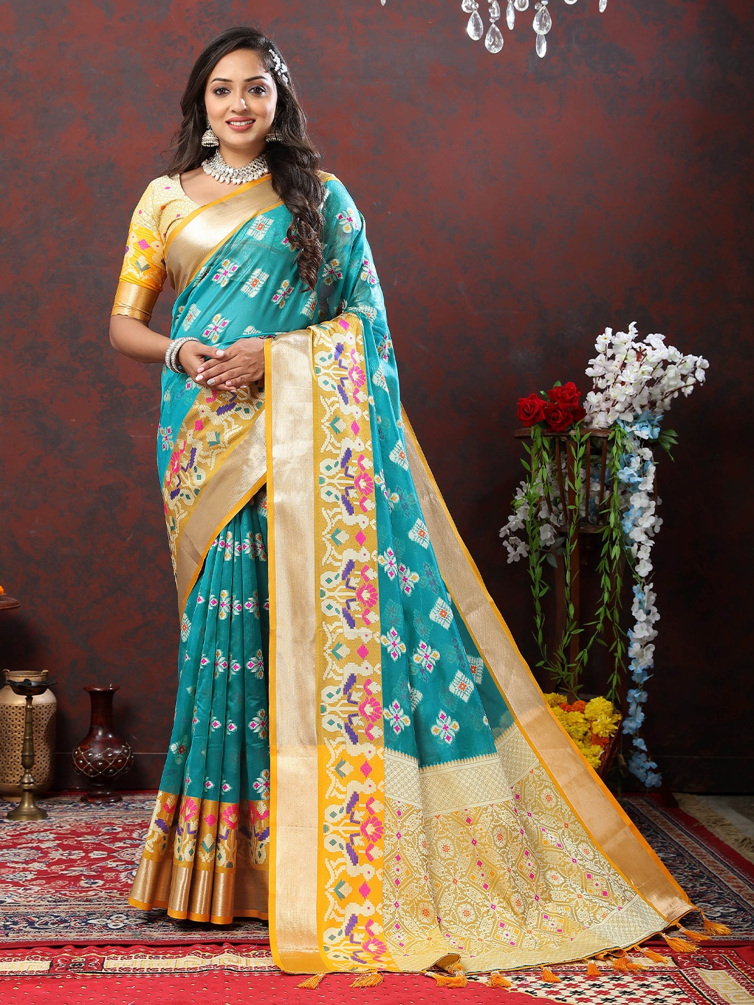 

Divyadham Textiles Ethnic Motifs Woven Design Zari Pure Silk Banarasi Saree, Turquoise blue