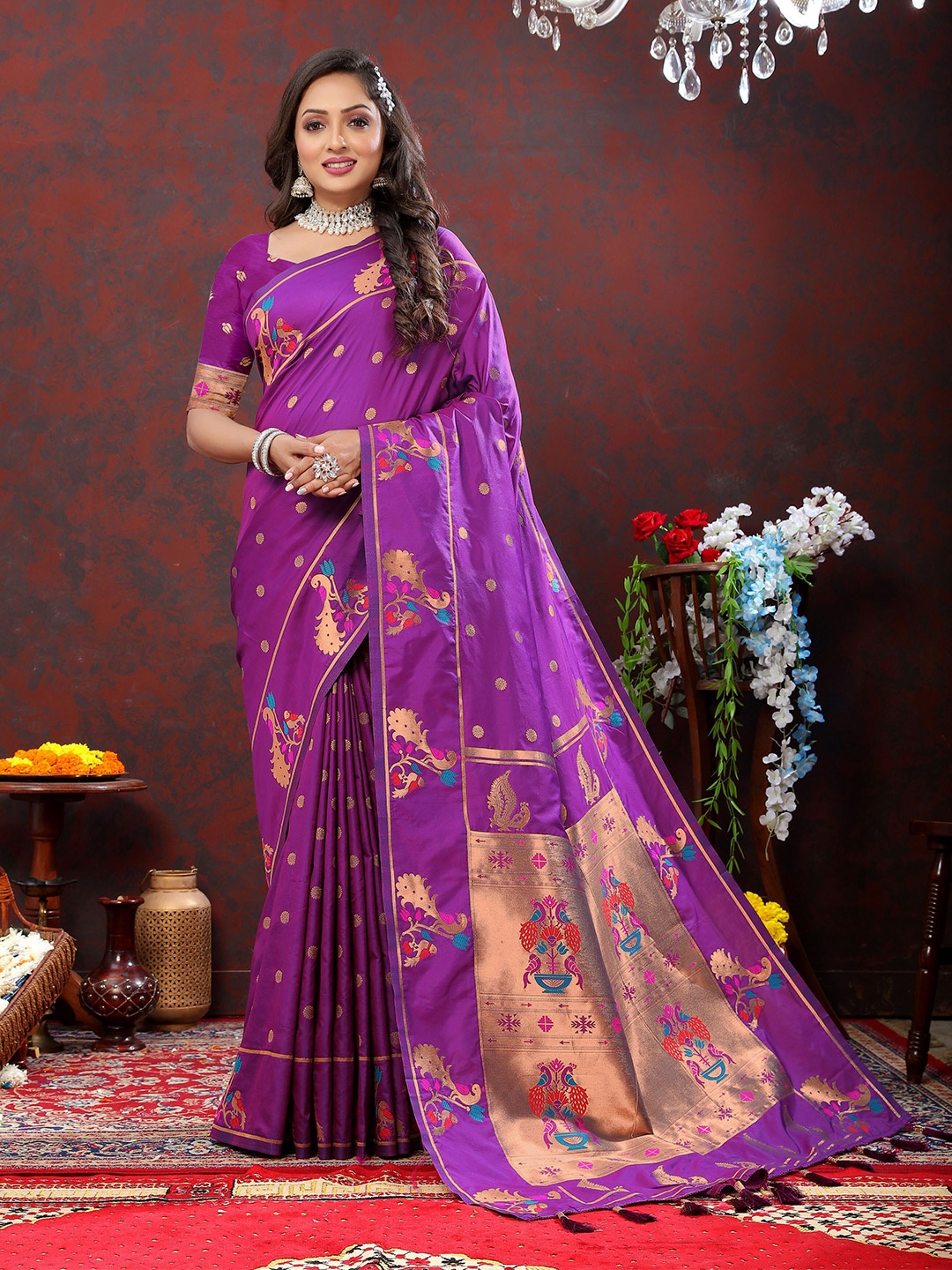 

Divyadham Textiles Ethnic Motifs Woven Design Zari Pure Silk Paithani Saree, Purple