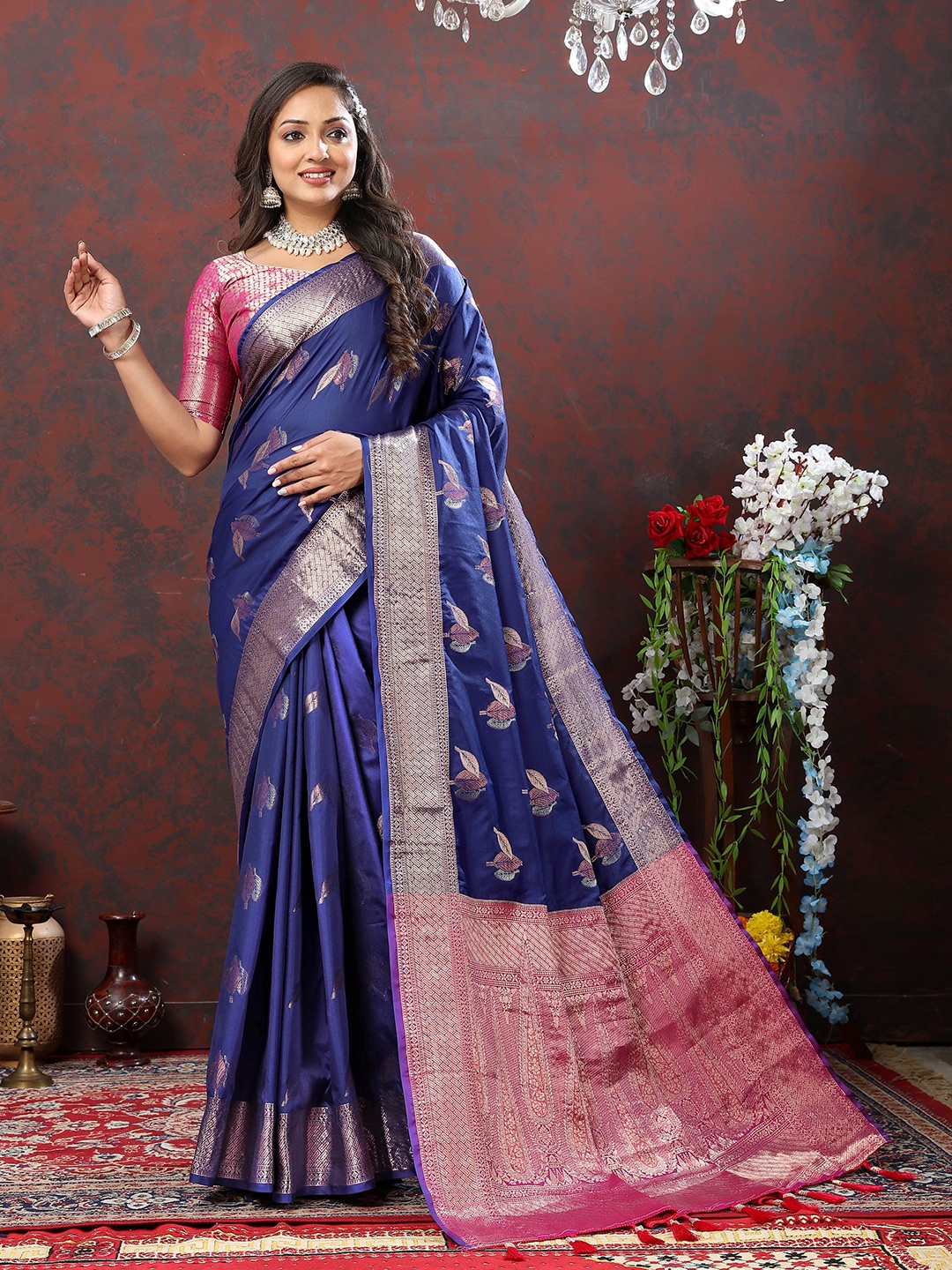 

Divyadham Textiles Ethnic Motifs Woven Design Zari Pure Silk Banarasi Saree, Blue