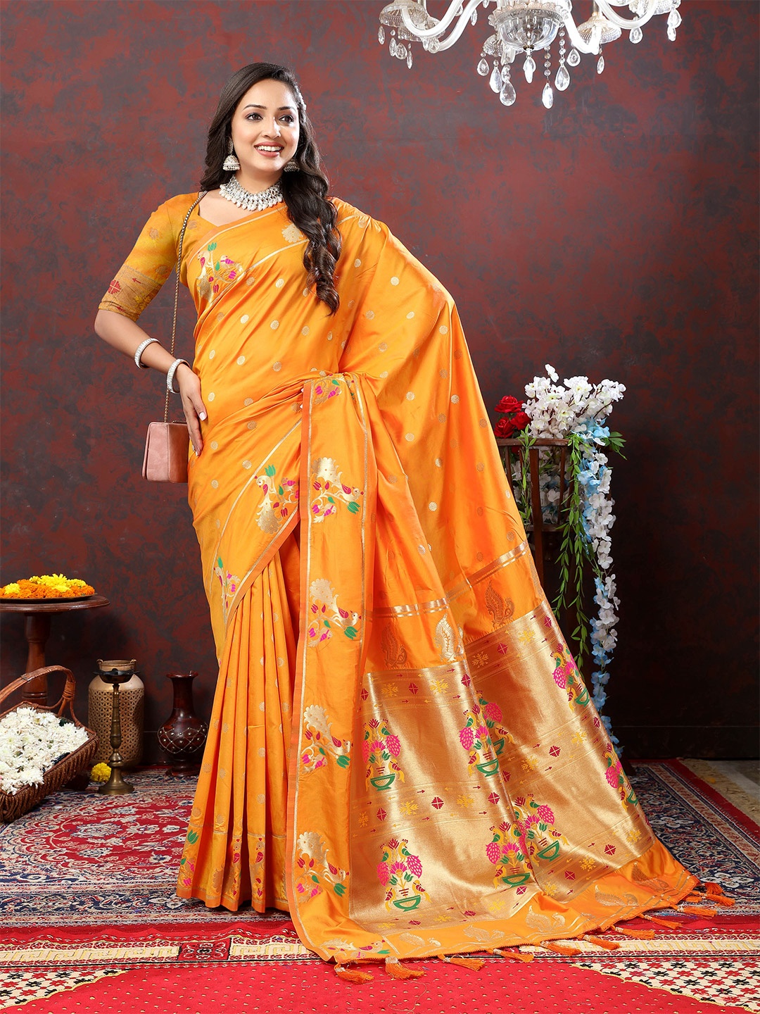 

Divyadham Textiles Ethnic Motifs Woven Design Zari Pure Silk Paithani Saree, Mustard