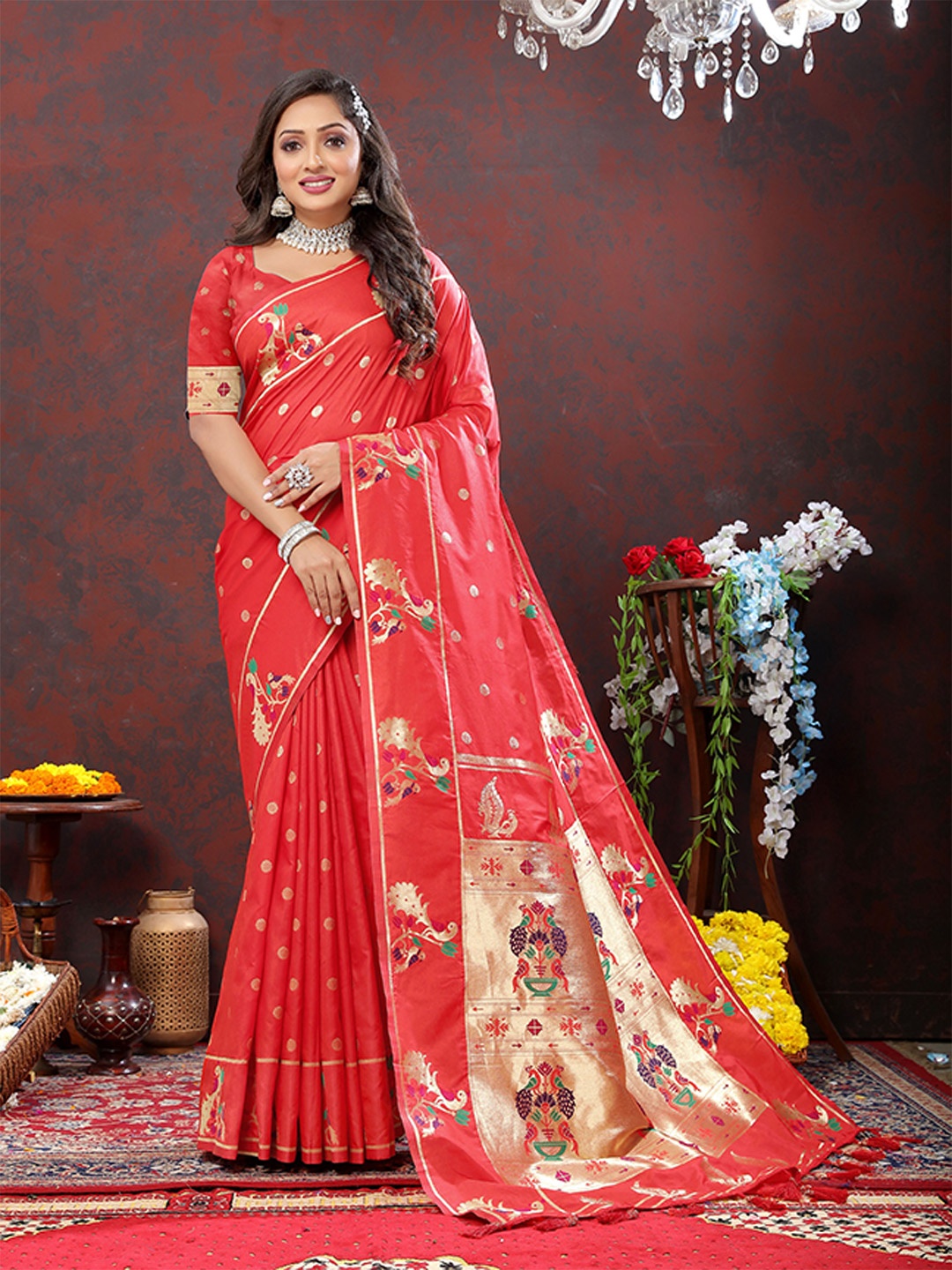 

Divyadham Textiles Ethnic Motifs Woven Design Pure Silk Zari Paithini Saree, Red