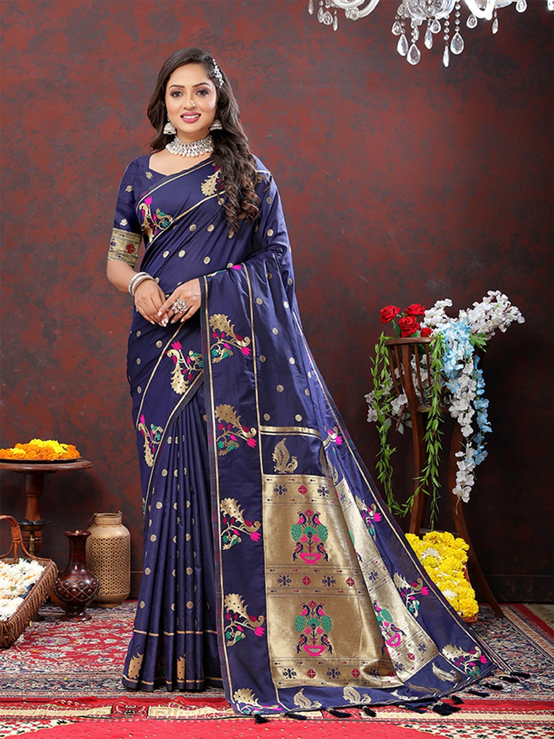 

Divyadham Textiles Floral Woven Design Zari Pure Silk Paithani Saree, Blue