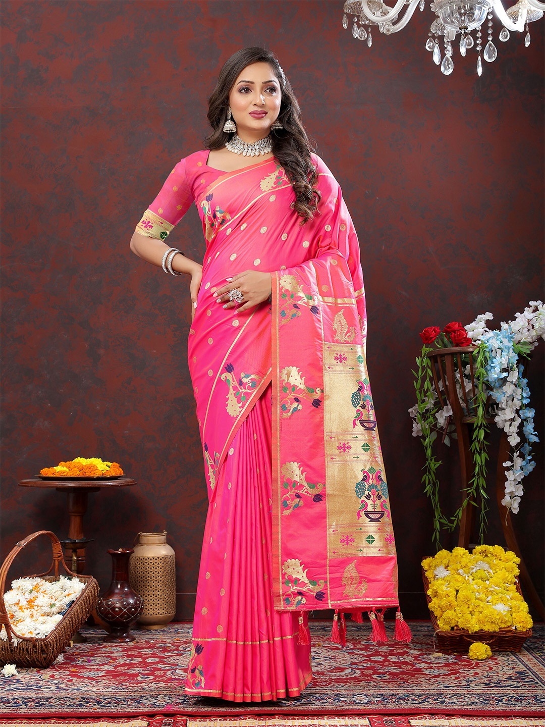

Divyadham Textiles Ethnic Motifs Woven Design Zari Pure Silk Paithani Saree, Peach
