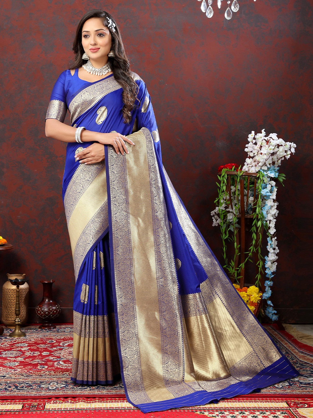 

Divyadham Textiles Ethnic Motifs Woven Design Zari Pure Silk Banarasi Saree, Blue