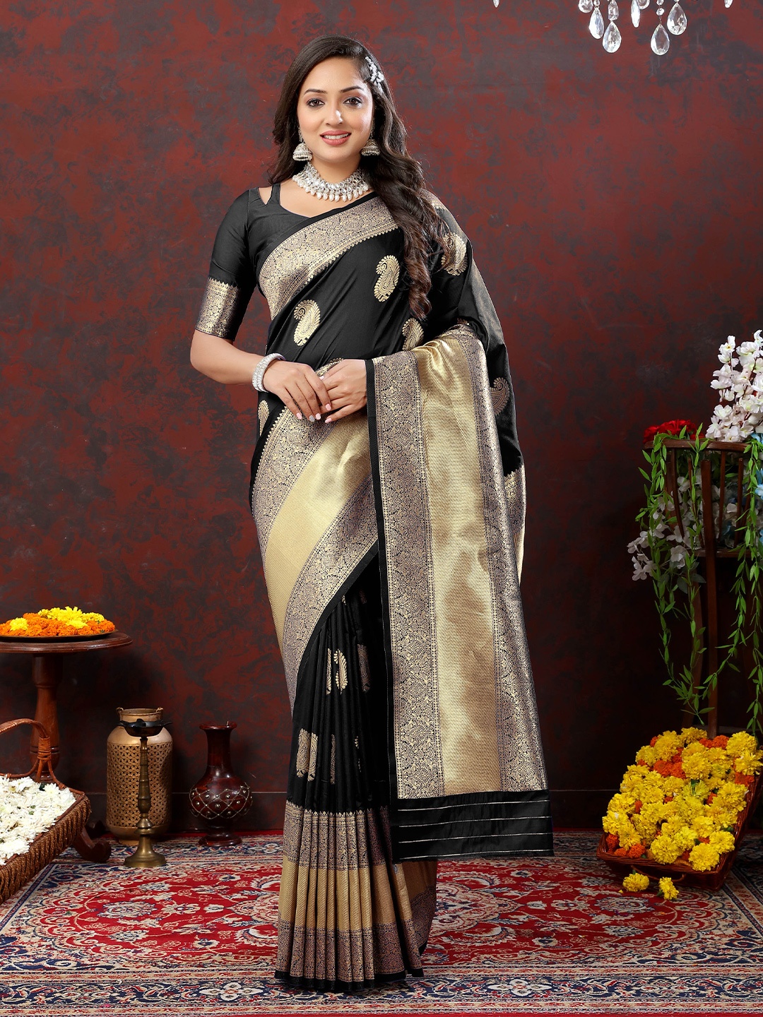 

Divyadham Textiles Ethnic Motifs Woven Design Pure Silk Zari Banarasi Saree, Black