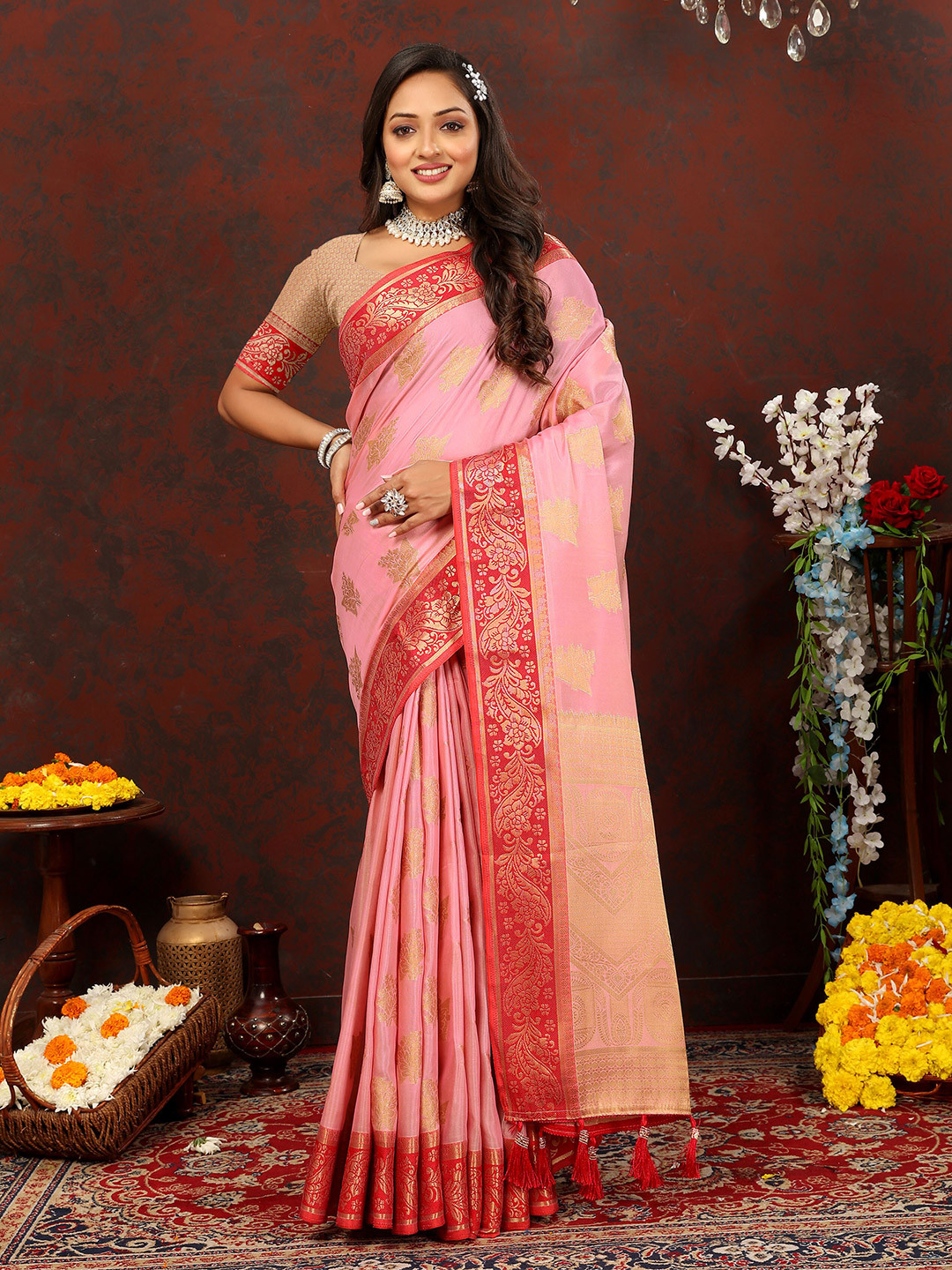 

Divyadham Textiles Ethnic Motifs Woven Design Zari Pure Cotton Silk Banarasi Saree, Pink